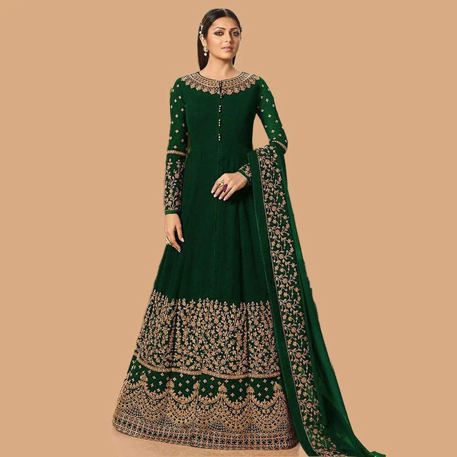 Green Designer Georgette Gown with Heavy Embroidery Work