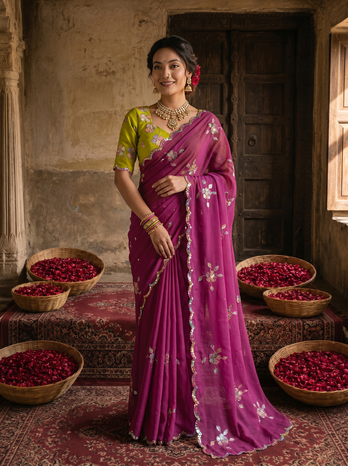 Magenta purple georgette embroidered saree with floral sequin work contrast lime green blouse mameraa