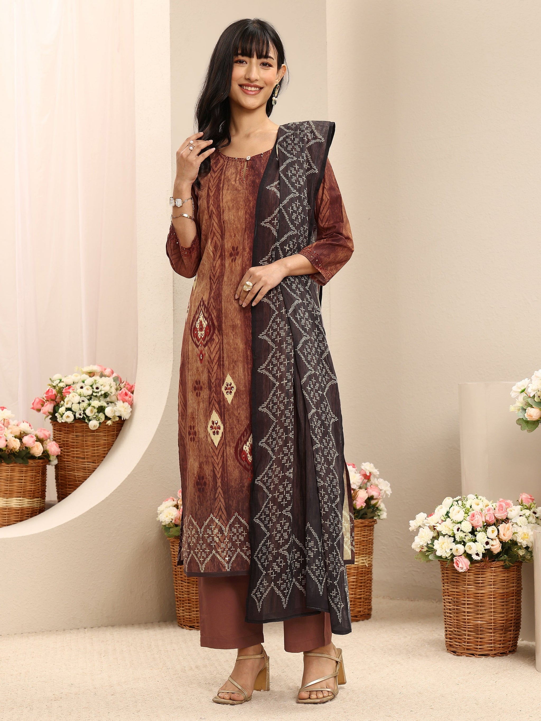 Libas Brown Geometric Printed Cotton Blend Straight Suit Set With Dupatta