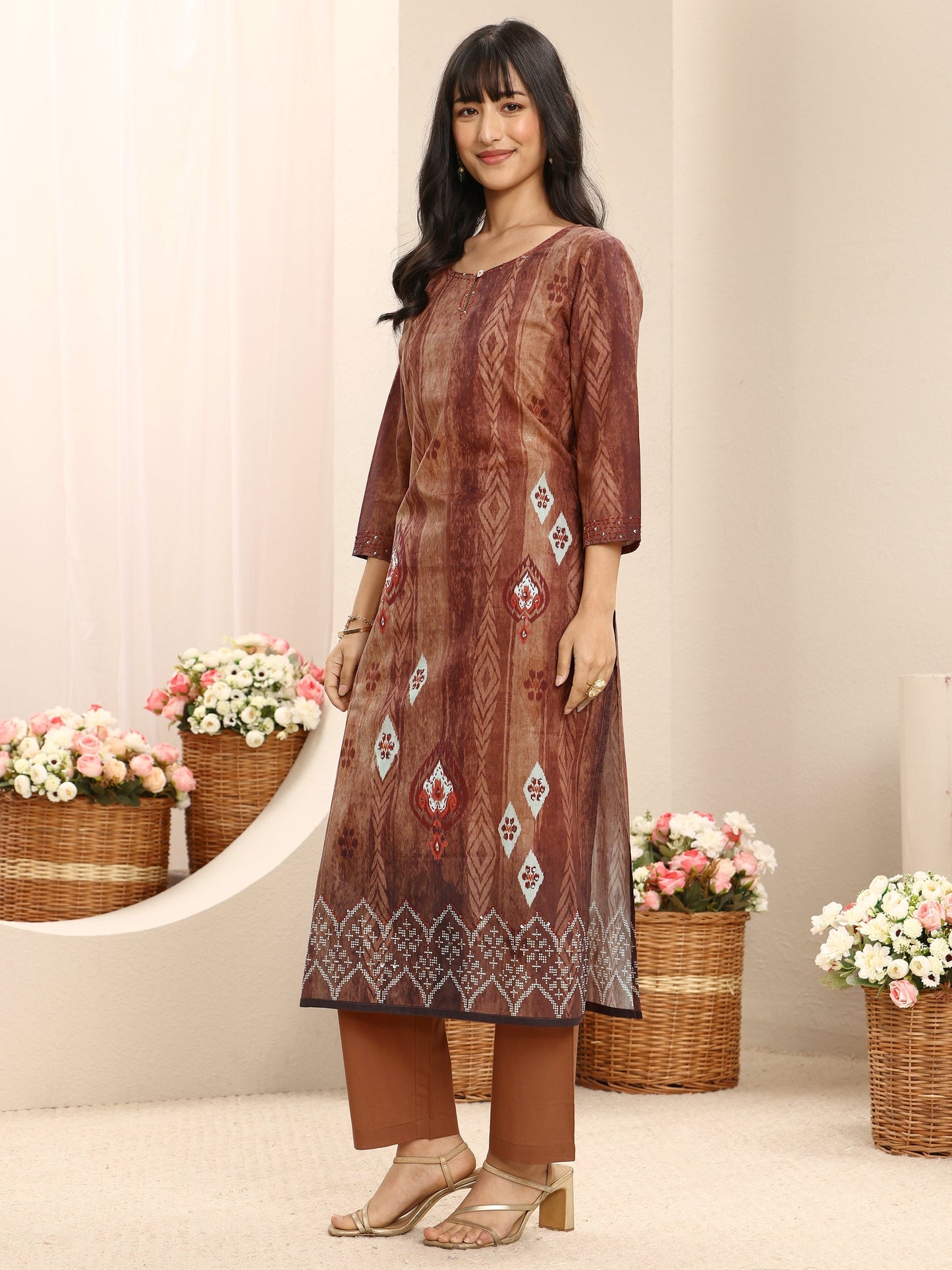 Libas Brown Geometric Printed Cotton Blend Straight Suit Set With Dupatta