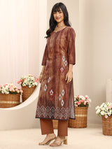 Libas Brown Geometric Printed Cotton Blend Straight Suit Set With Dupatta
