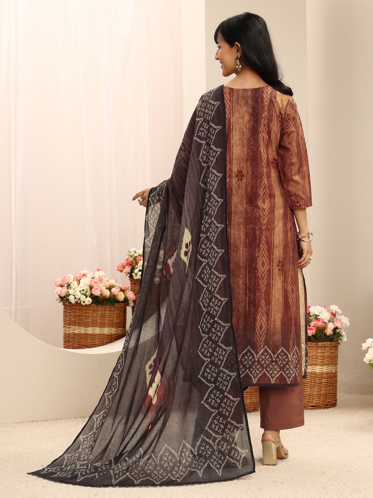 Libas Brown Geometric Printed Cotton Blend Straight Suit Set With Dupatta