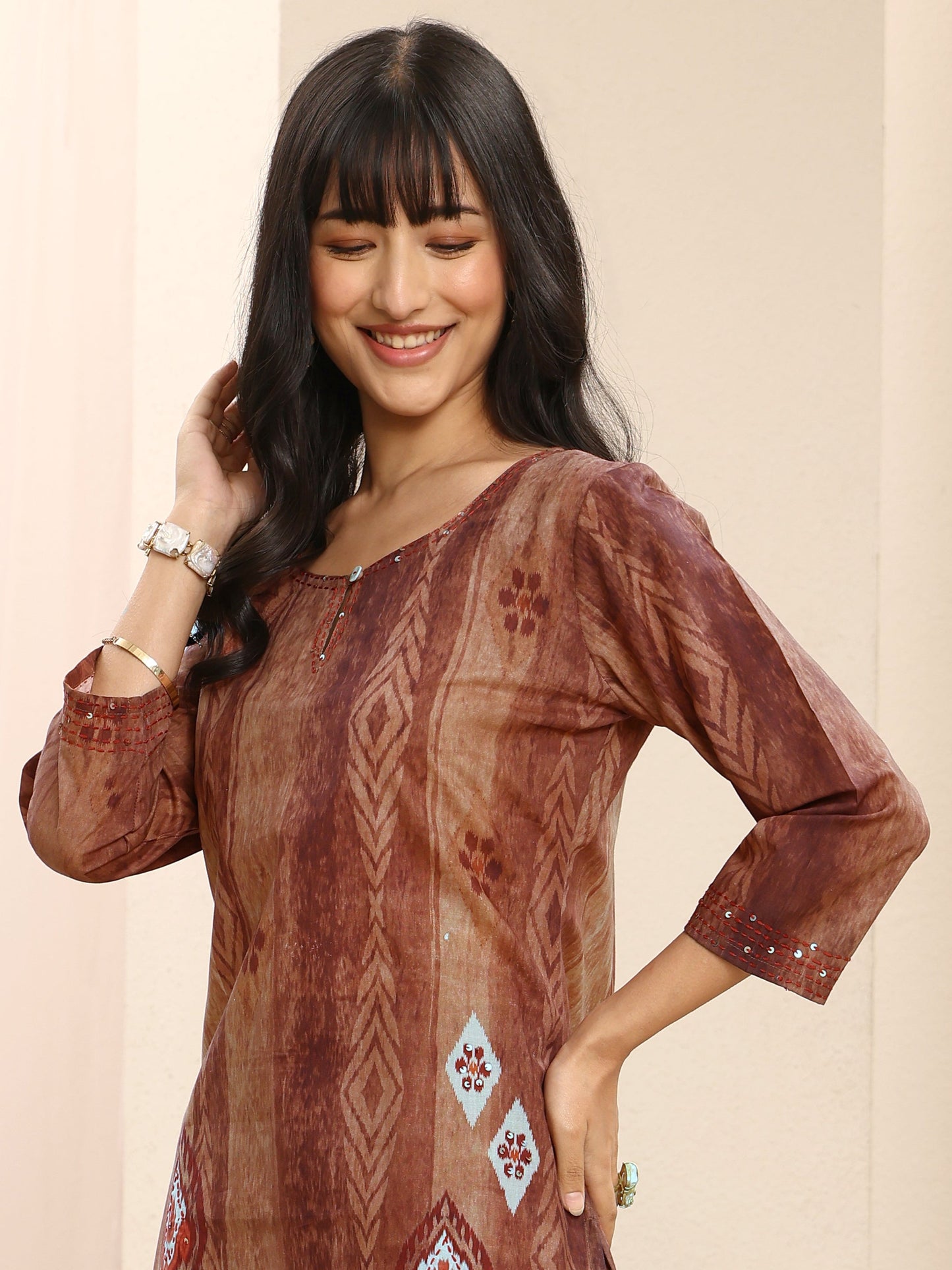 Libas Brown Geometric Printed Cotton Blend Straight Suit Set With Dupatta