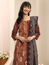 Libas Brown Geometric Printed Cotton Blend Straight Suit Set With Dupatta