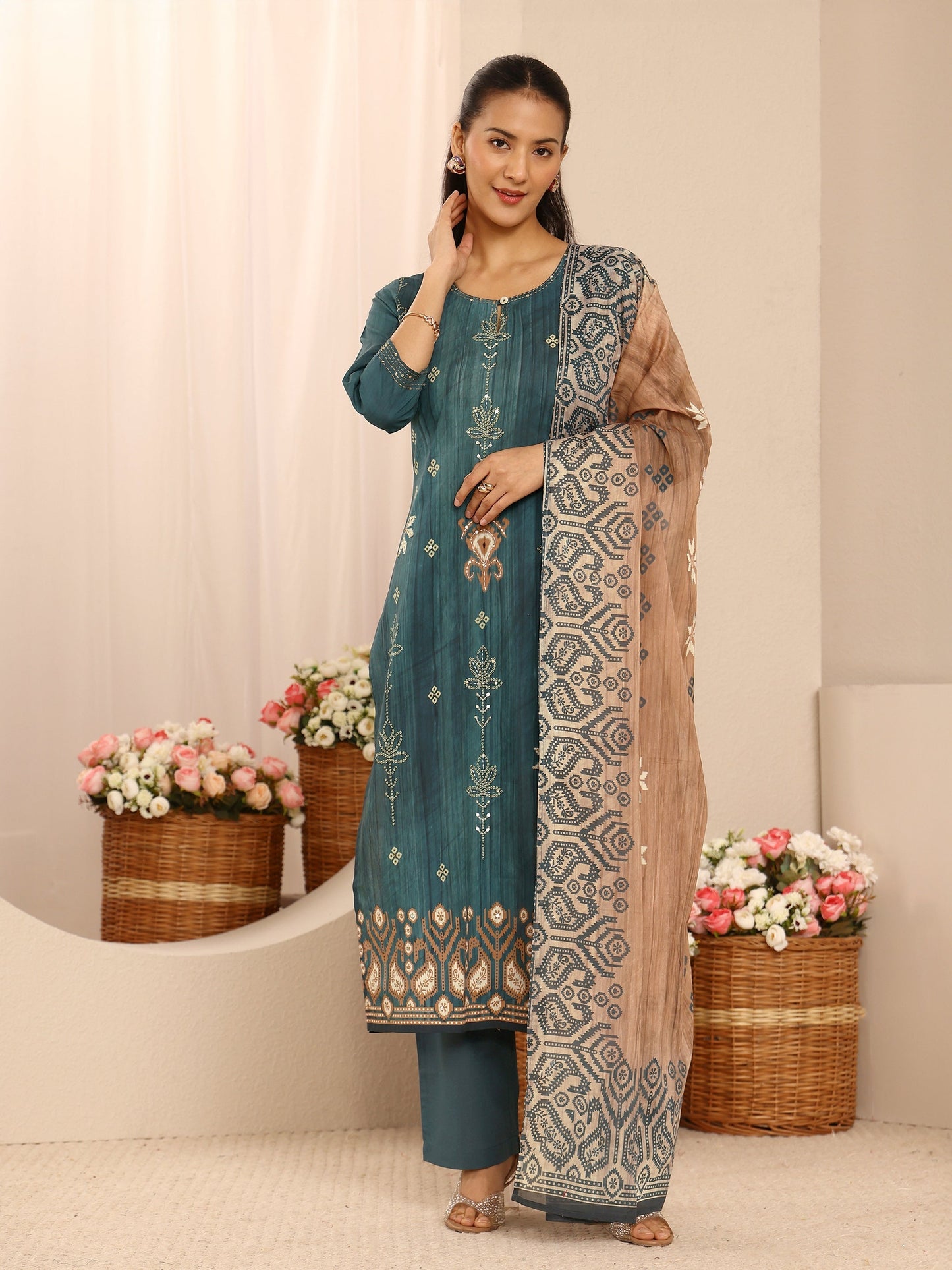 Libas Teal Floral Embellished Cotton Blend Straight Suit Set With Dupatta