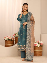 Libas Teal Floral Embellished Cotton Blend Straight Suit Set With Dupatta