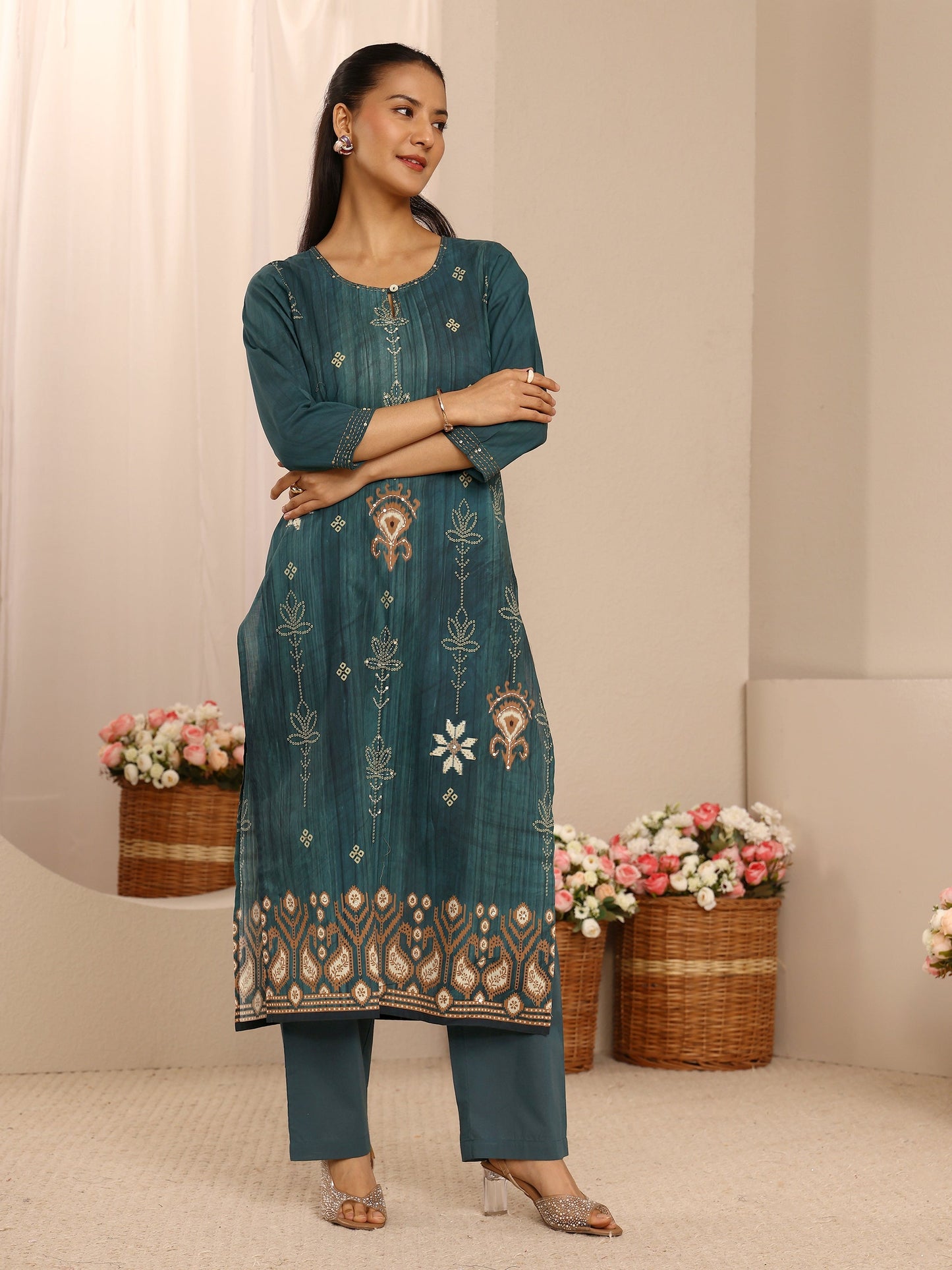 Libas Teal Floral Embellished Cotton Blend Straight Suit Set With Dupatta