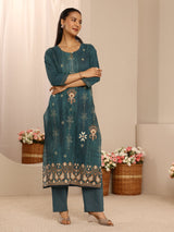 Libas Teal Floral Embellished Cotton Blend Straight Suit Set With Dupatta