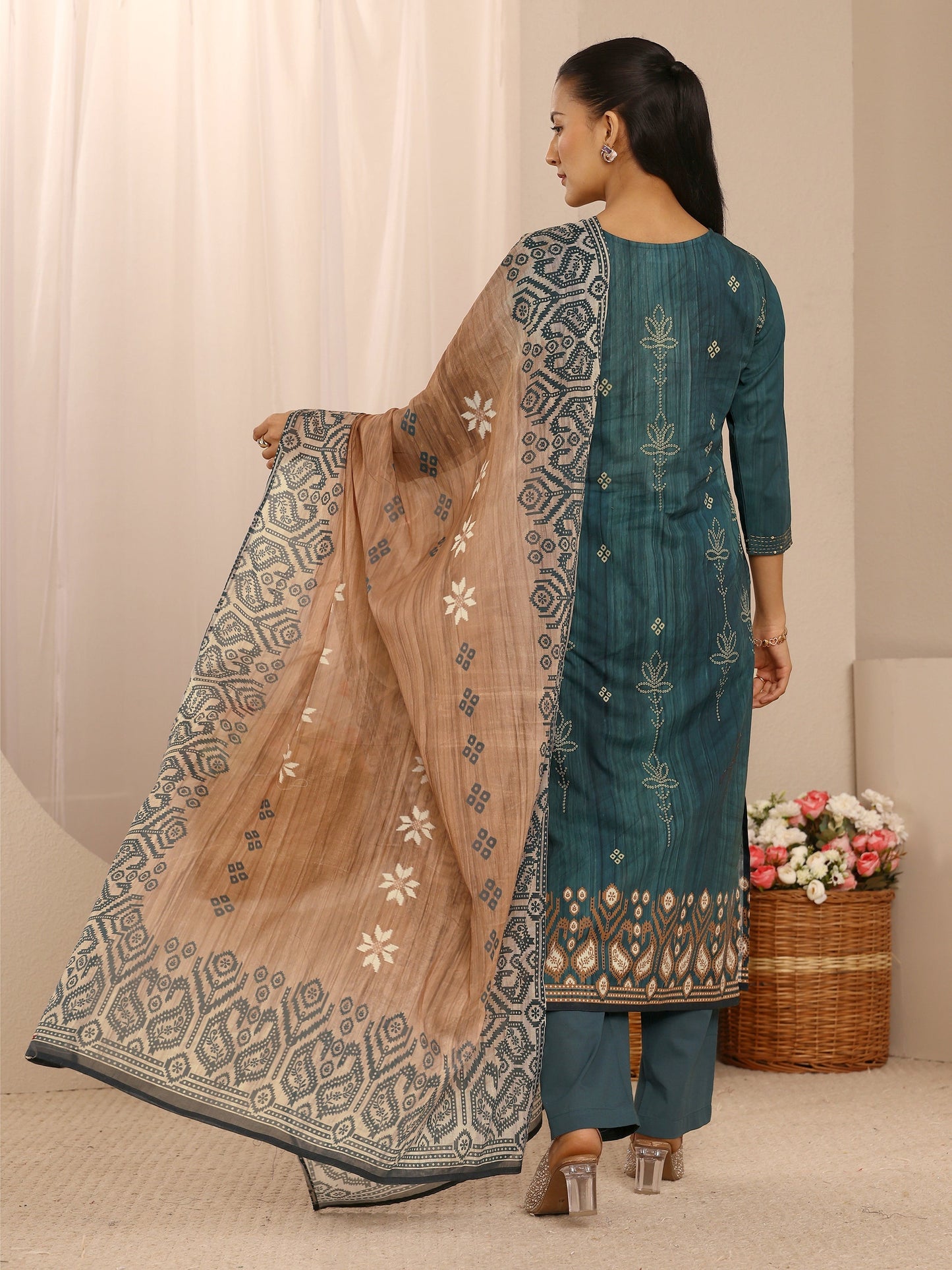 Libas Teal Floral Embellished Cotton Blend Straight Suit Set With Dupatta