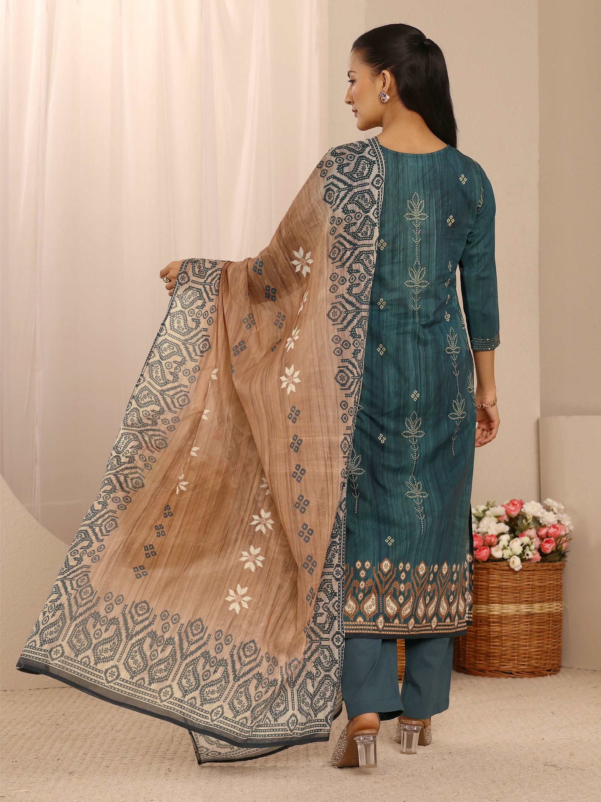 Libas Teal Floral Embellished Cotton Blend Straight Suit Set With Dupatta