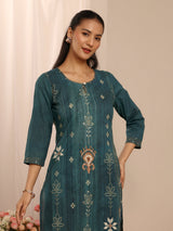 Libas Teal Floral Embellished Cotton Blend Straight Suit Set With Dupatta