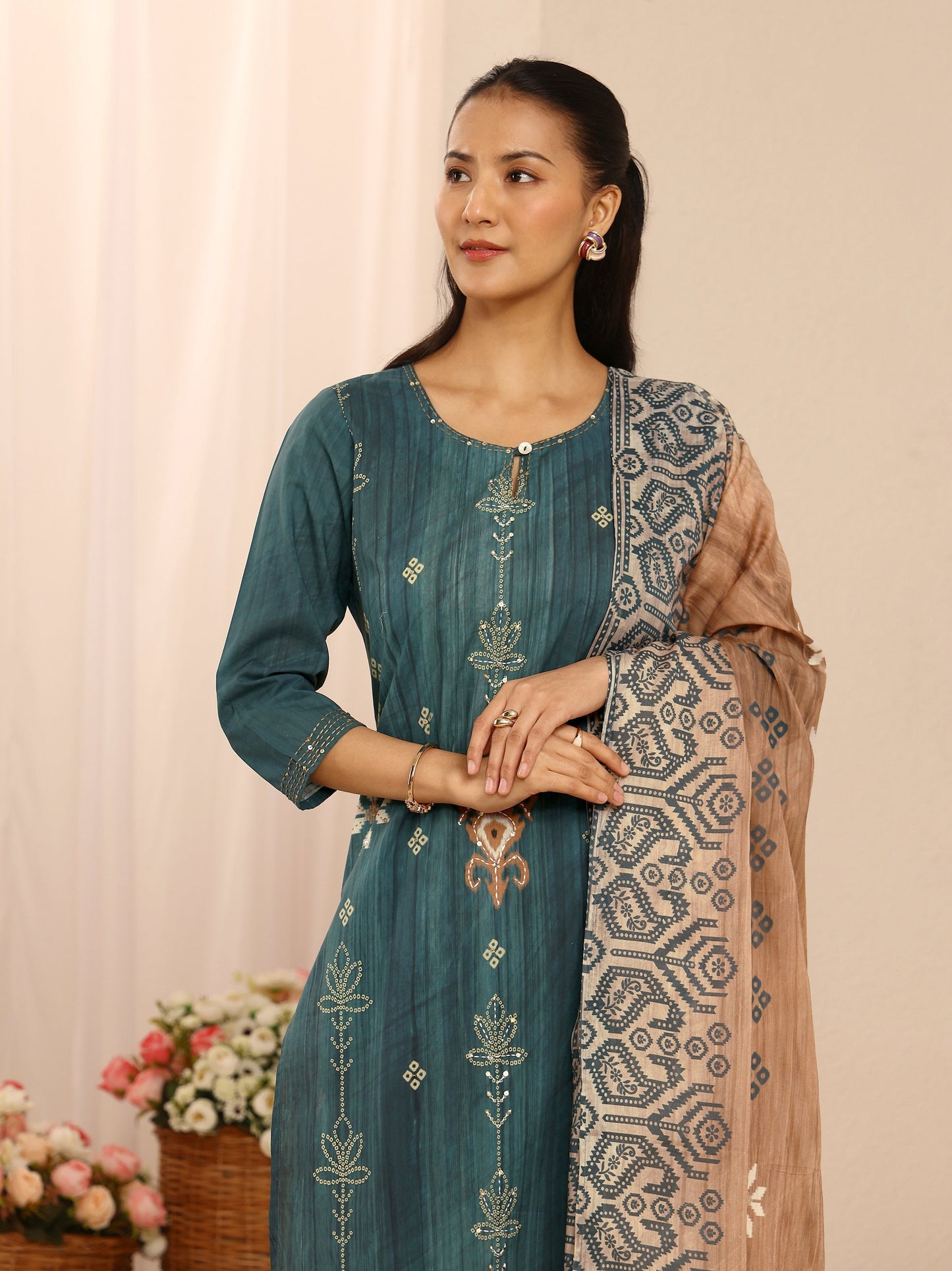 Libas Teal Floral Embellished Cotton Blend Straight Suit Set With Dupatta