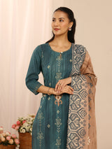 Libas Teal Floral Embellished Cotton Blend Straight Suit Set With Dupatta