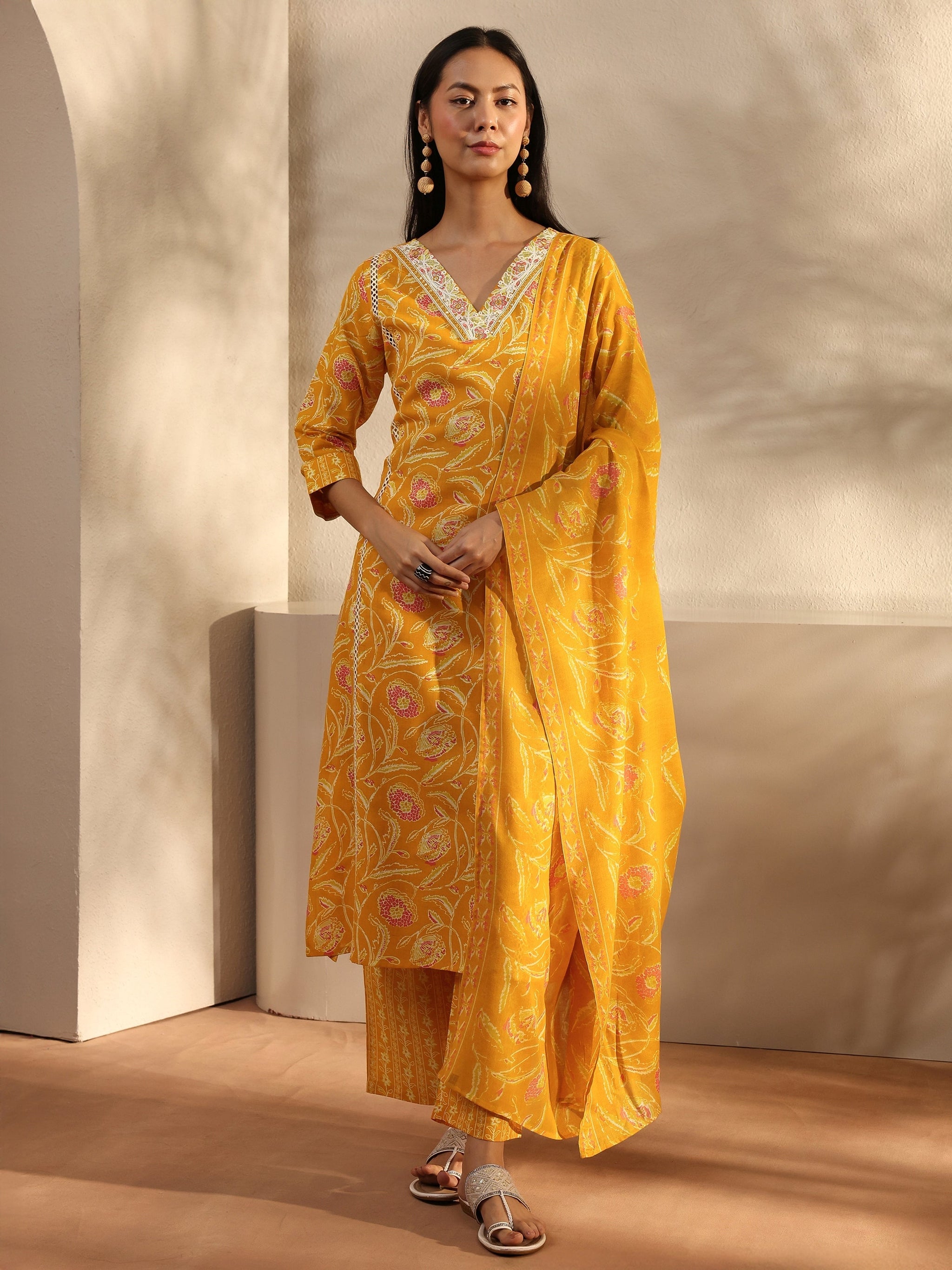 Yellow Floral Printed Cotton A-Line Suit Set With Dupatta
