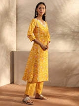 Yellow Floral Printed Cotton A-Line Suit Set With Dupatta