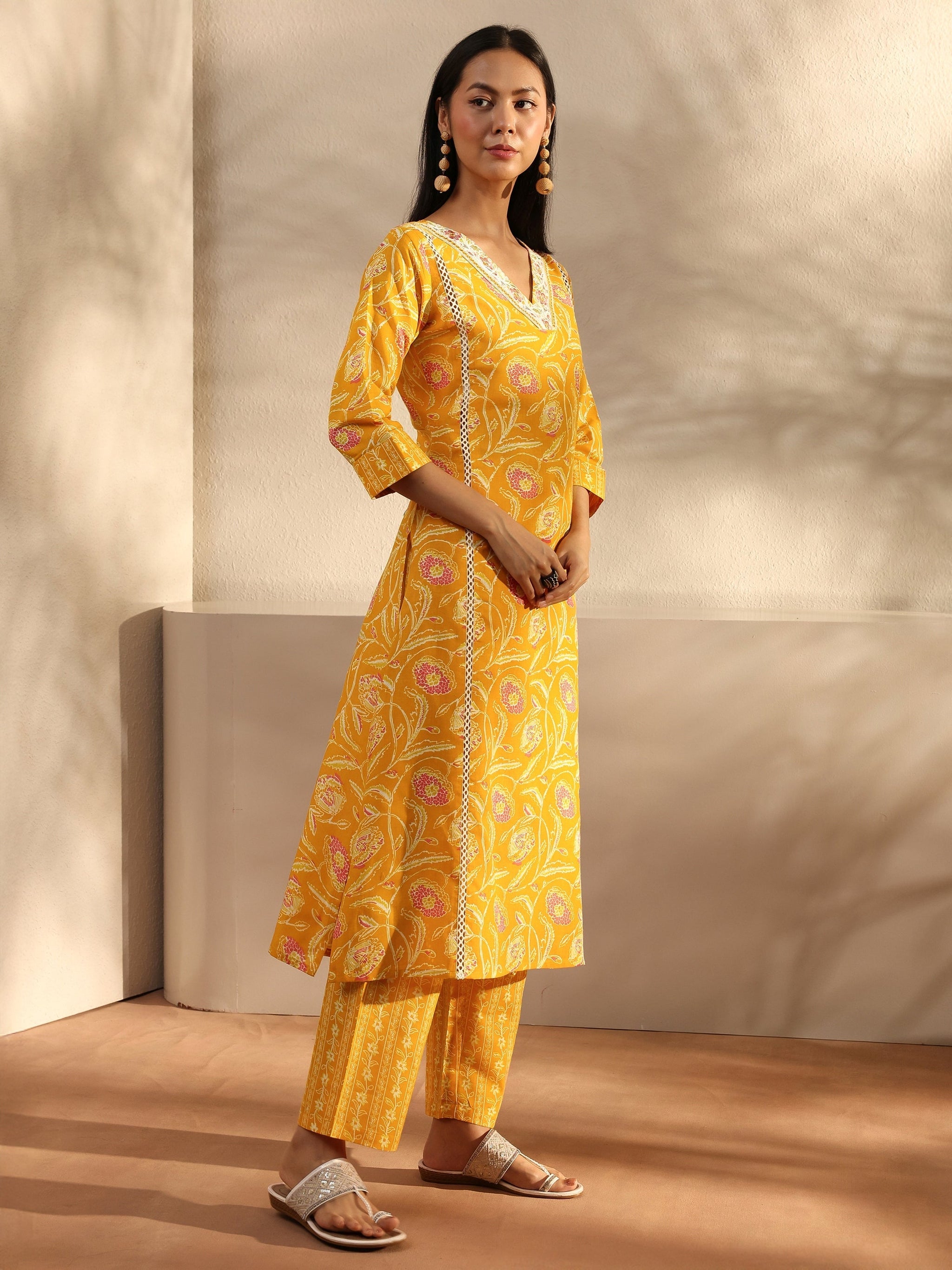 Yellow Floral Printed Cotton A-Line Suit Set With Dupatta