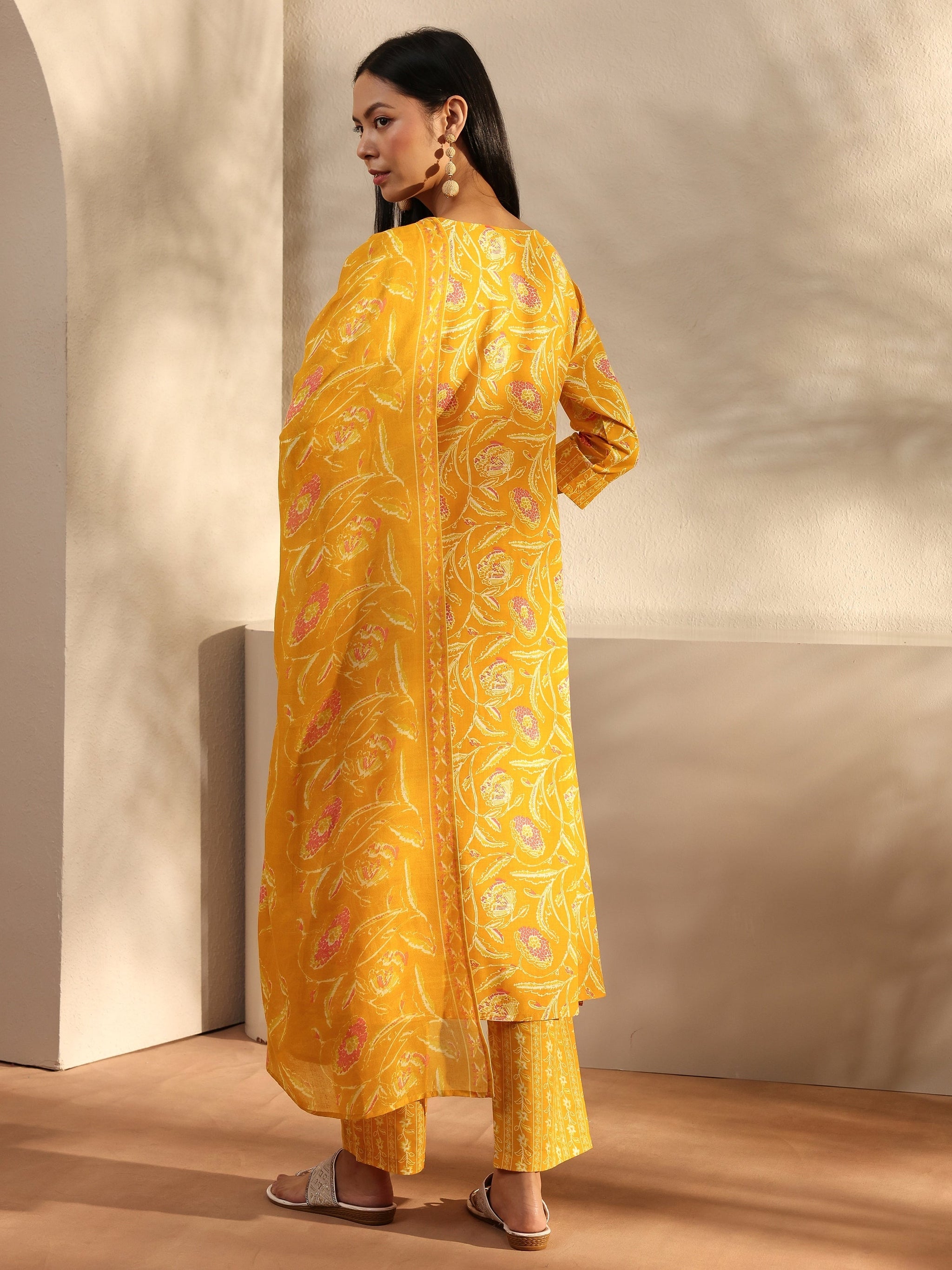 Yellow Floral Printed Cotton A-Line Suit Set With Dupatta