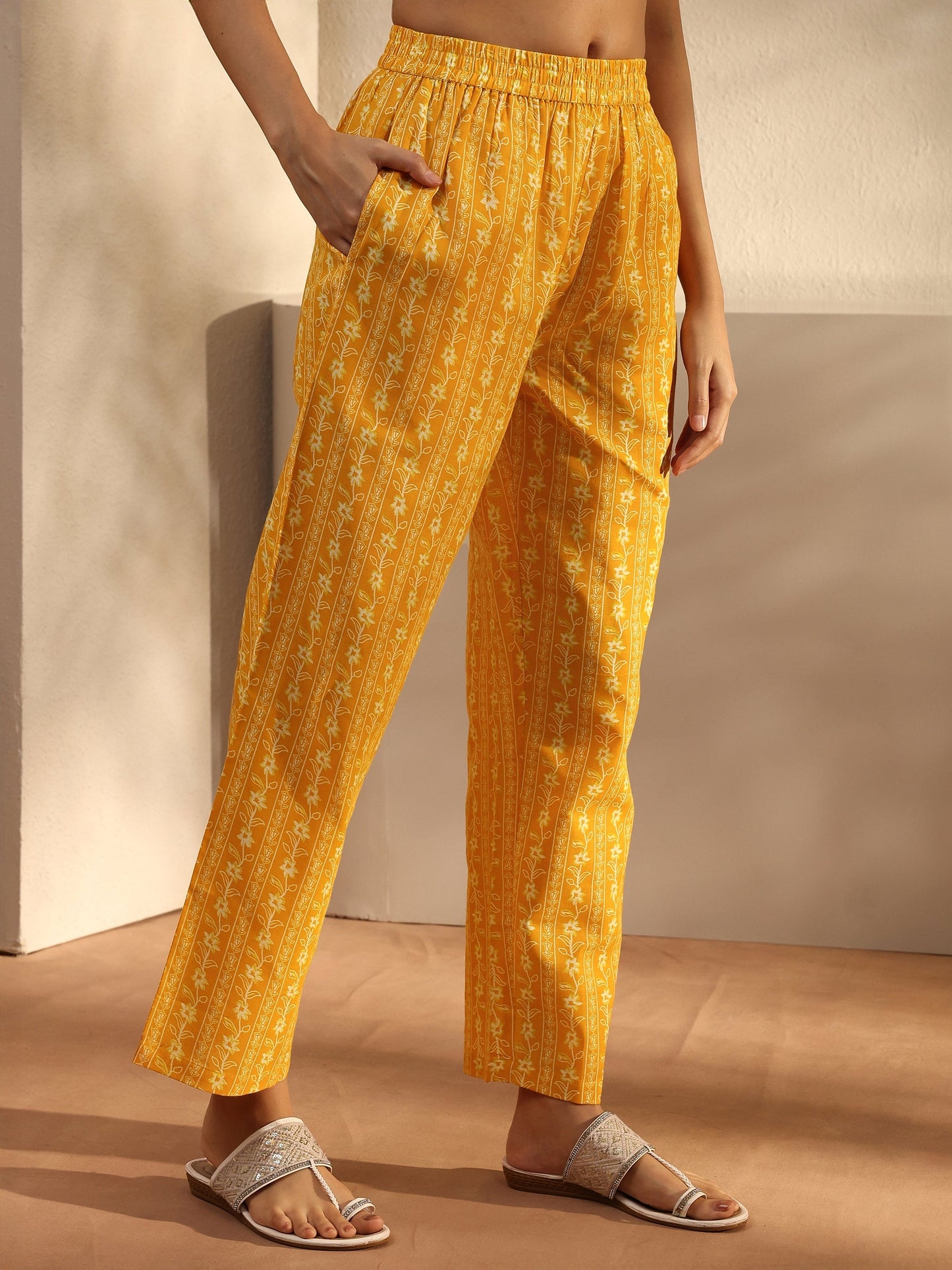 Yellow Floral Printed Cotton A-Line Suit Set With Dupatta