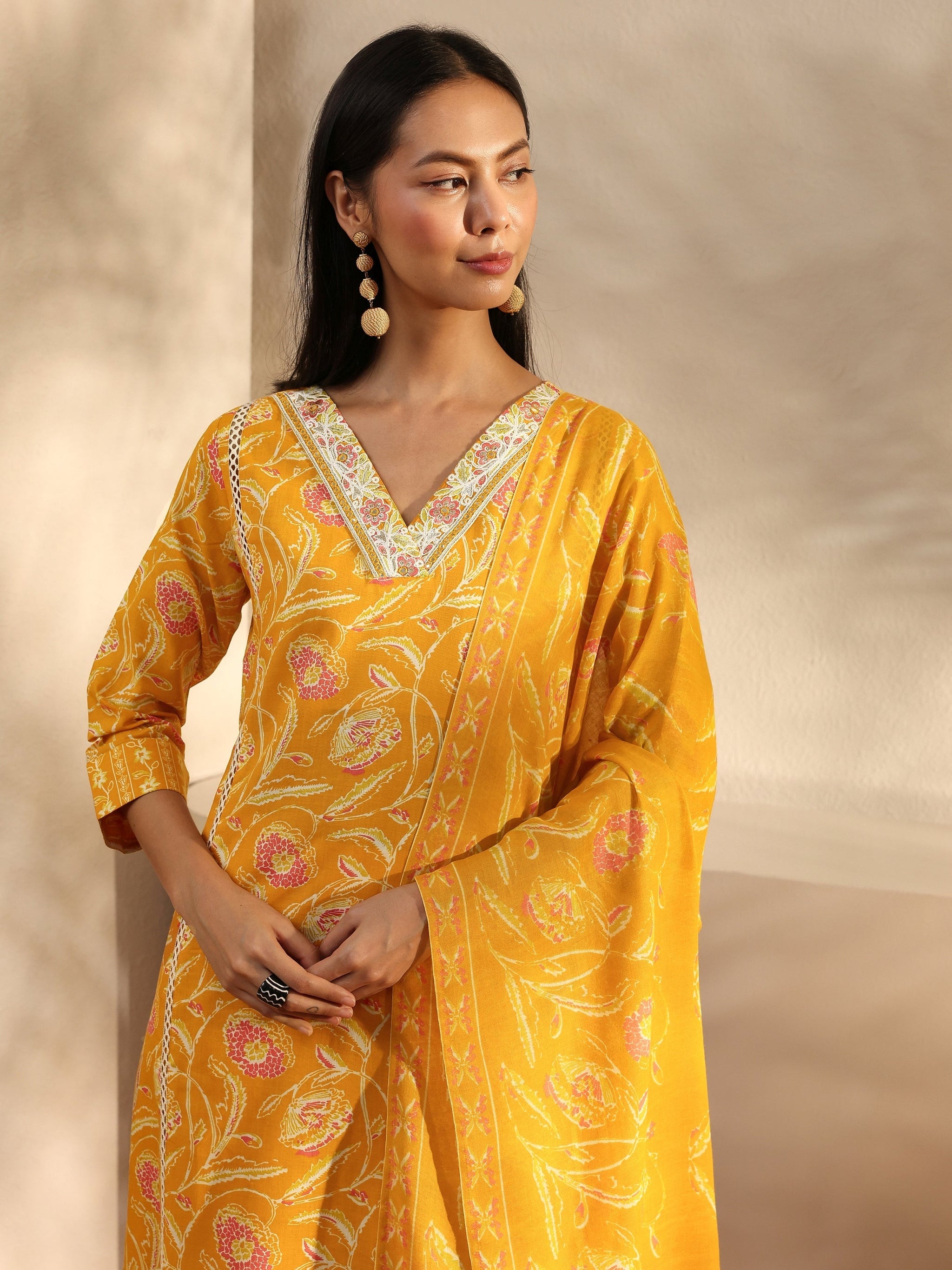 Yellow Floral Printed Cotton A-Line Suit Set With Dupatta