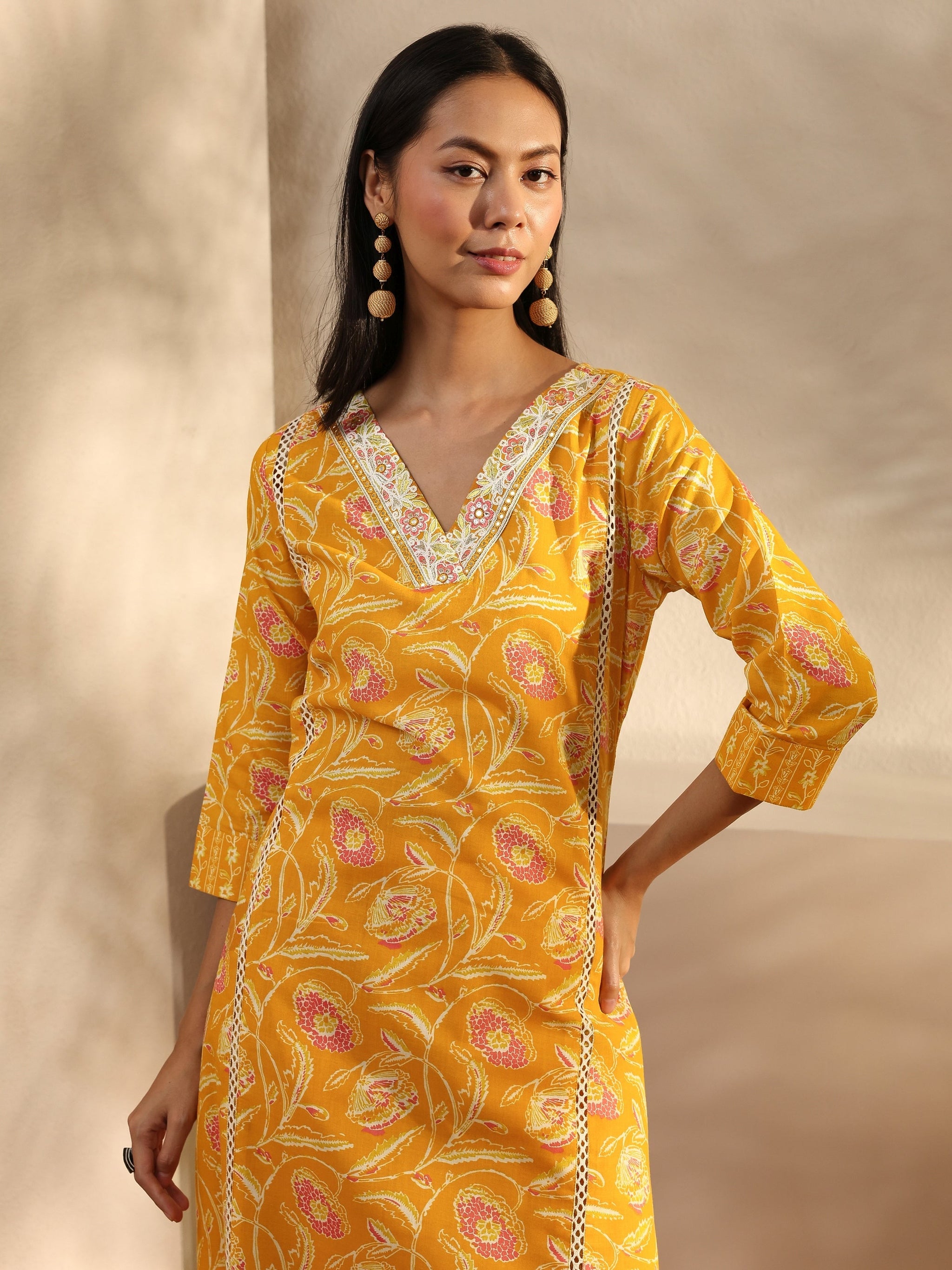Yellow Floral Printed Cotton A-Line Suit Set With Dupatta