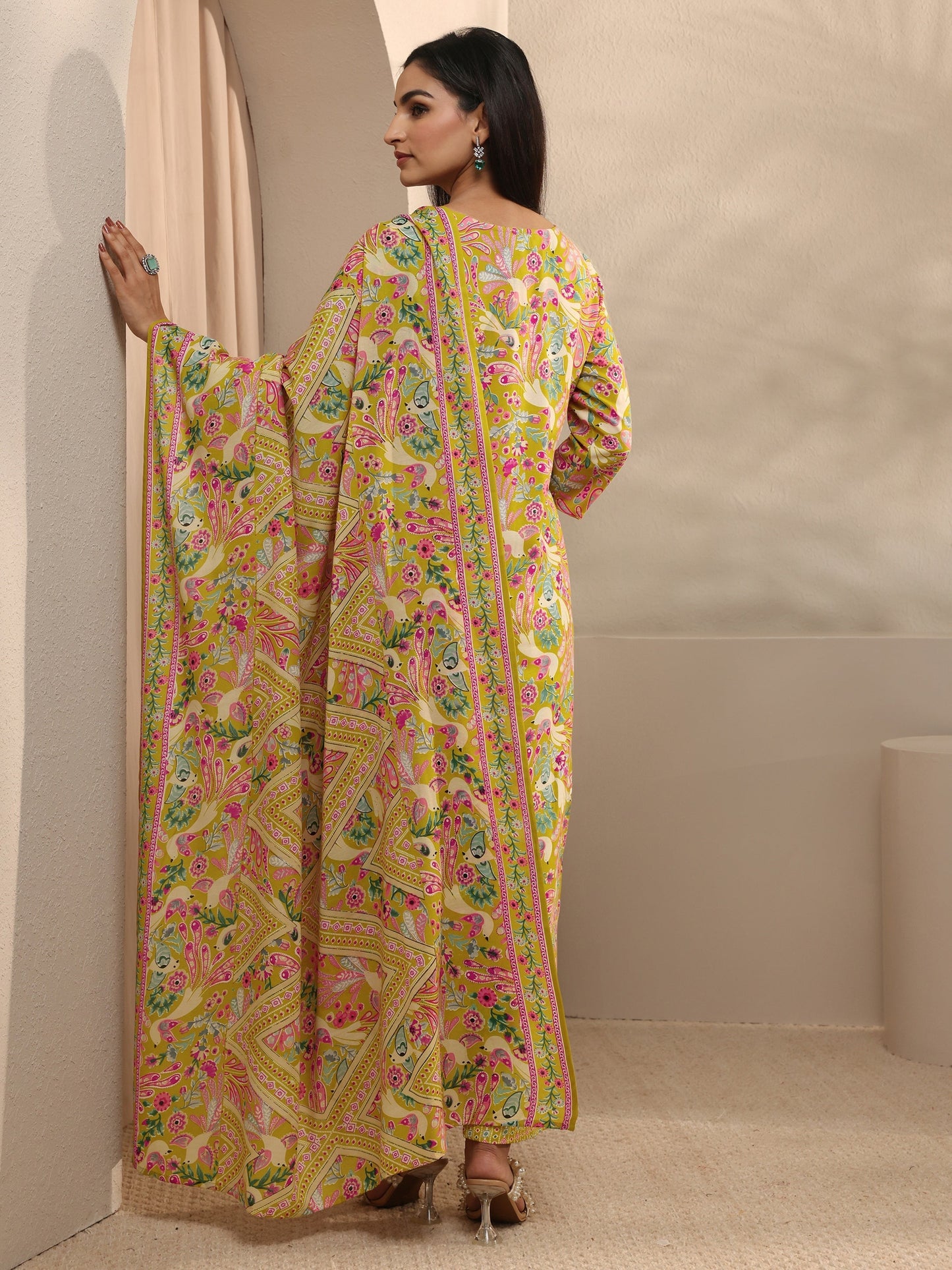Yellow Abstract Printed Cotton Straight Suit Set With Dupatta