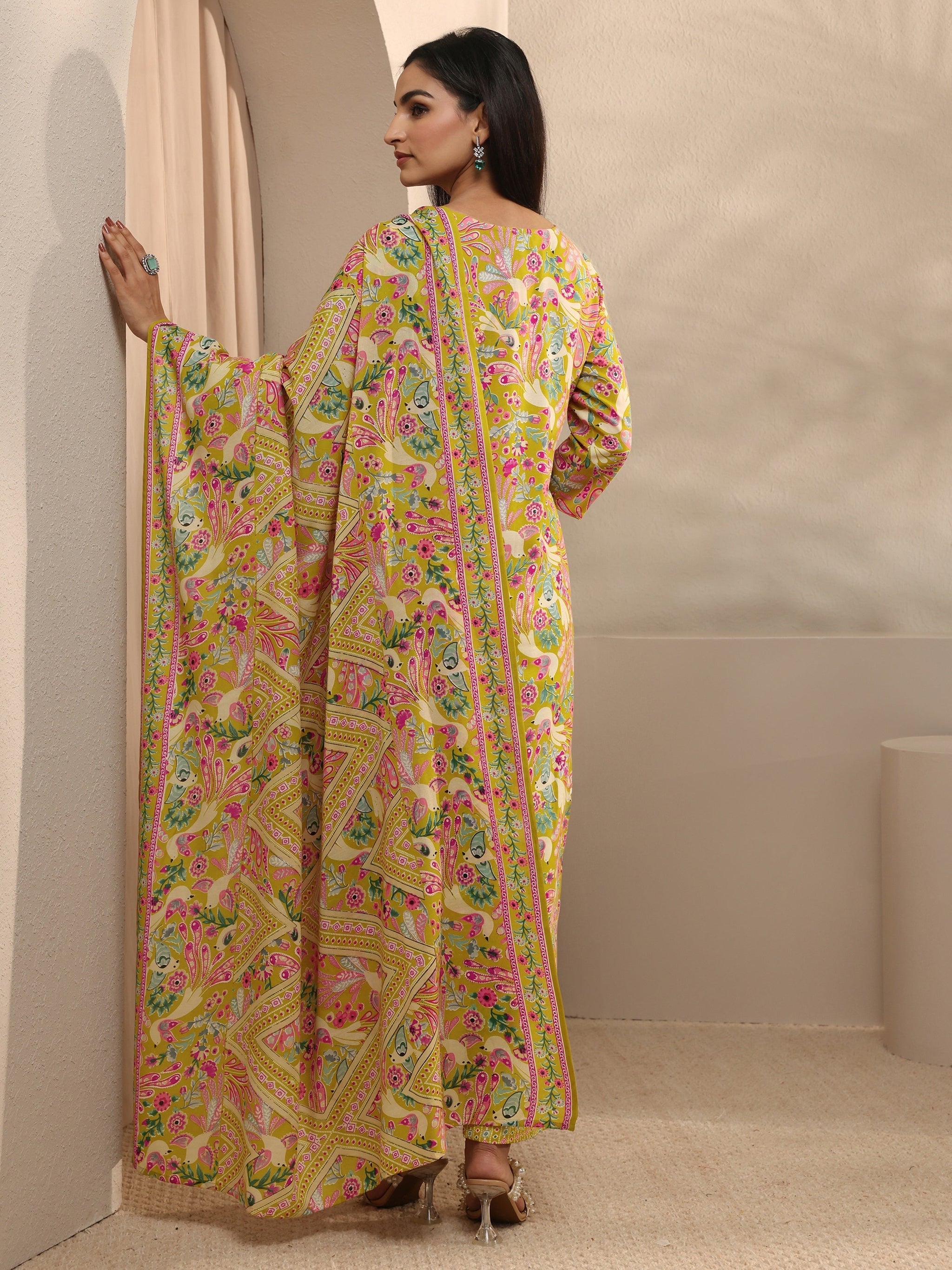 Yellow Abstract Printed Cotton Straight Suit Set With Dupatta