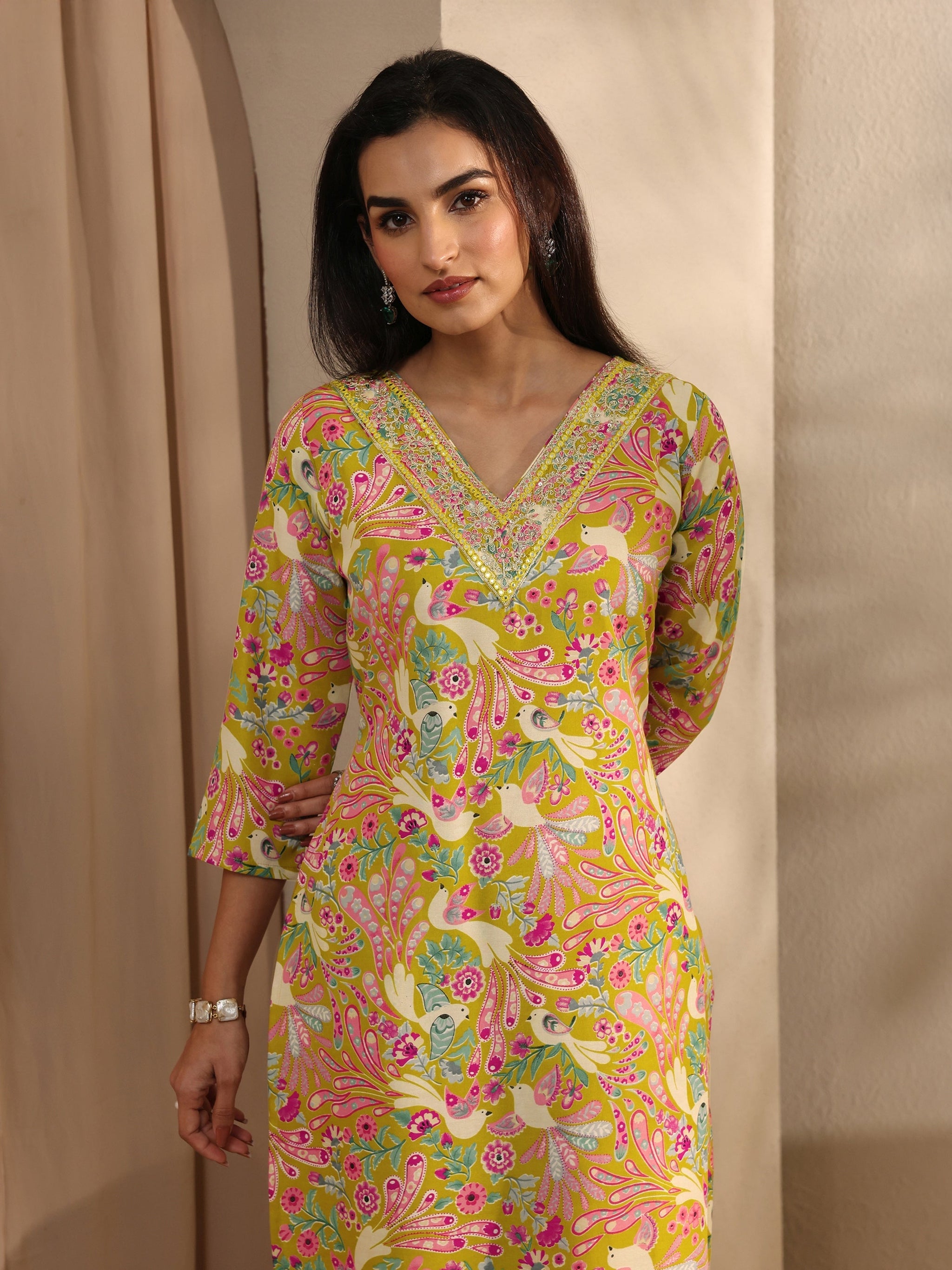 Yellow Abstract Printed Cotton Straight Suit Set With Dupatta