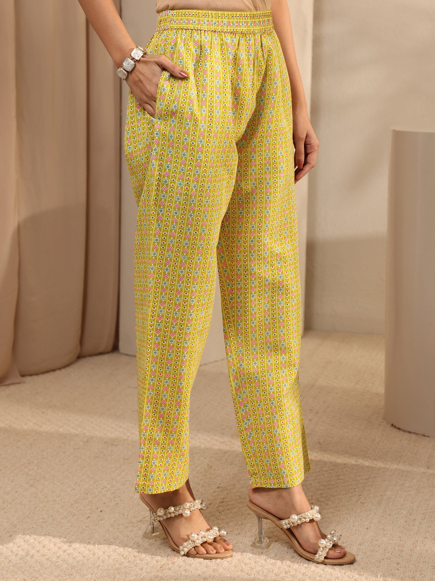 Yellow Abstract Printed Cotton Straight Suit Set With Dupatta