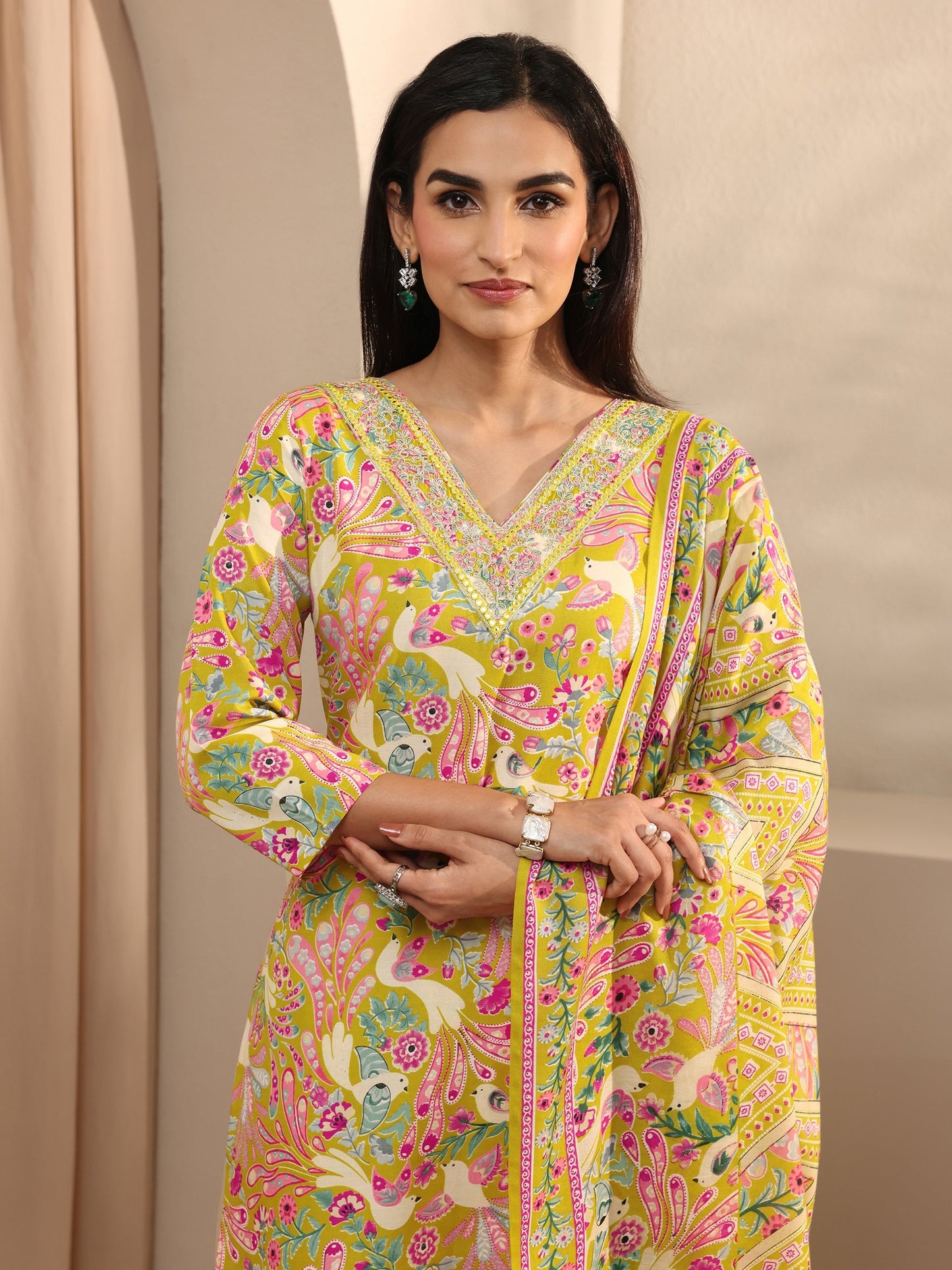 Yellow Abstract Printed Cotton Straight Suit Set With Dupatta