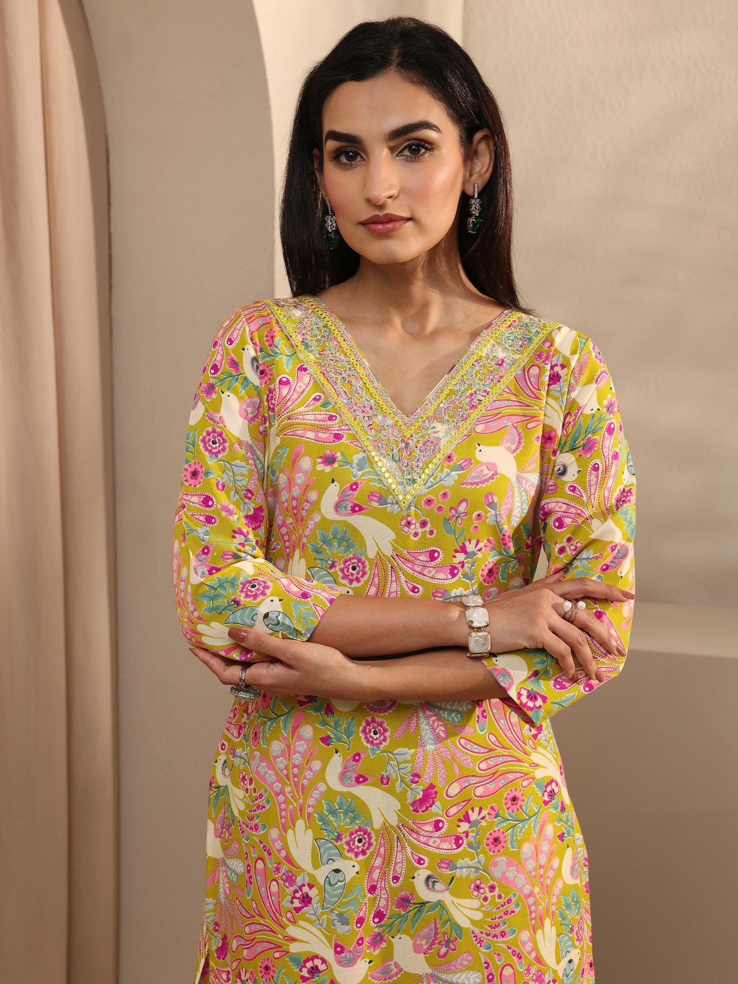 Yellow Abstract Printed Cotton Straight Suit Set With Dupatta