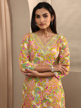 Yellow Abstract Printed Cotton Straight Suit Set With Dupatta