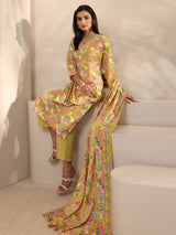 Yellow Abstract Printed Cotton Straight Suit Set With Dupatta