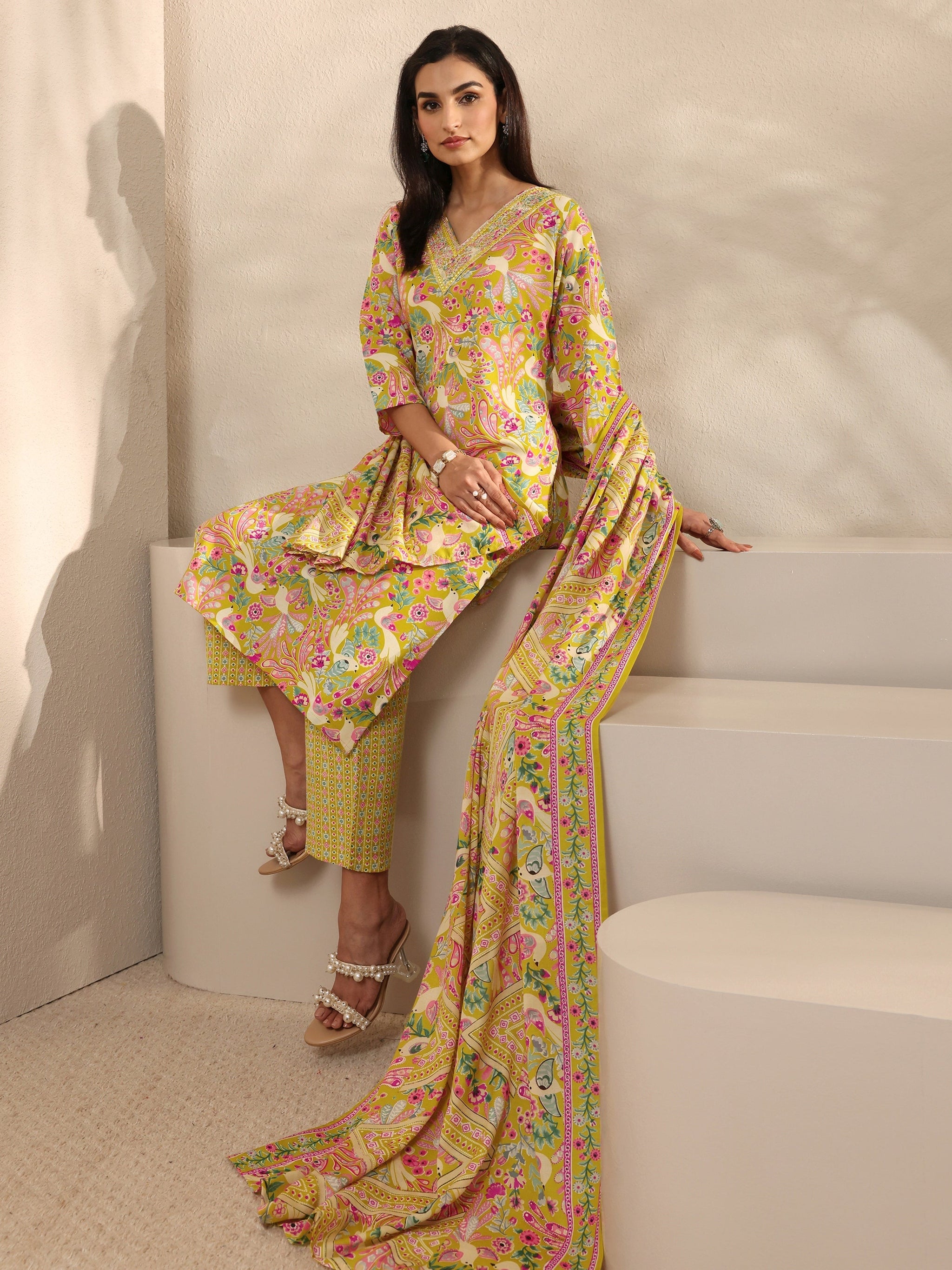 Yellow Abstract Printed Cotton Straight Suit Set With Dupatta