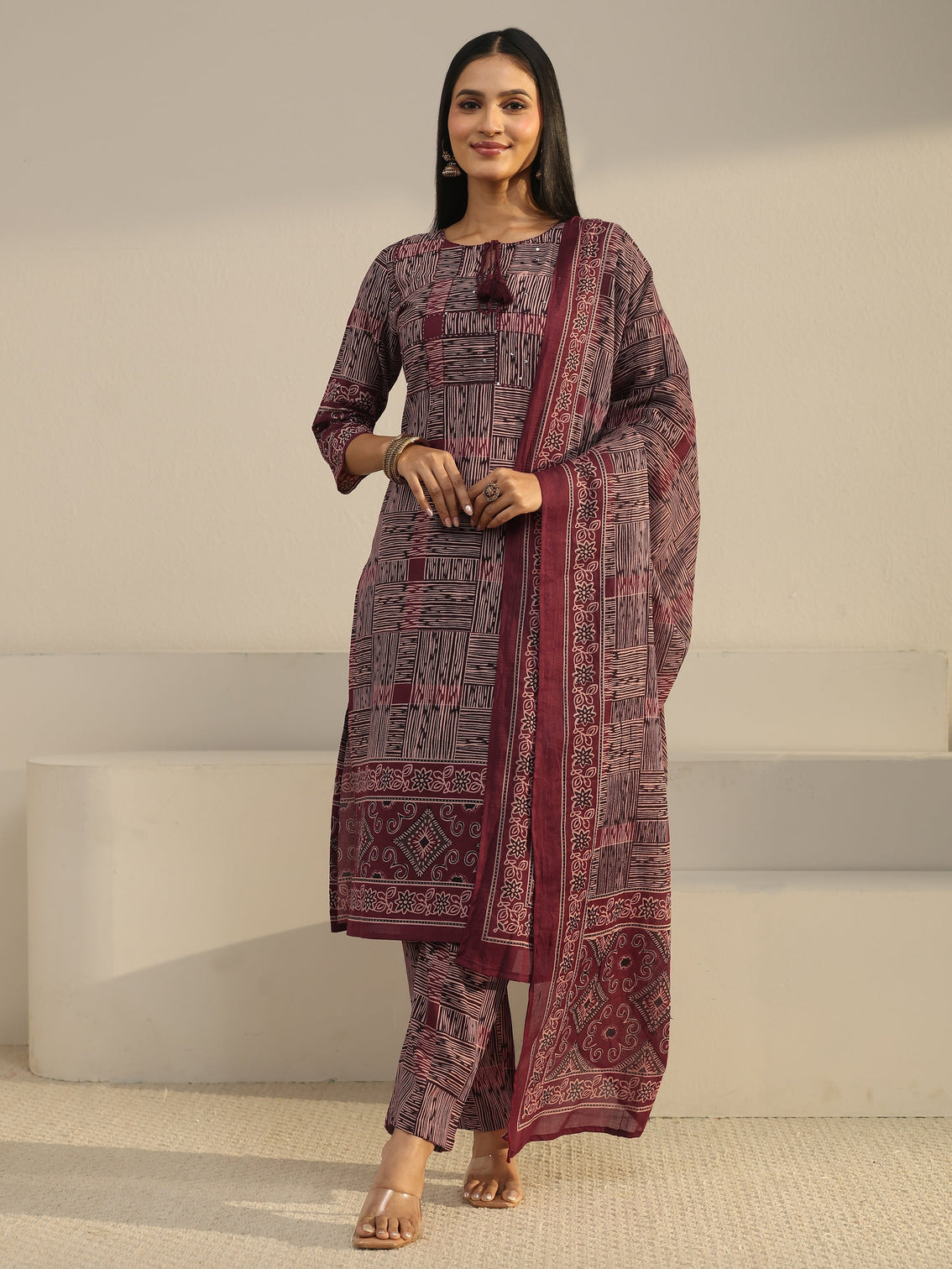Mameraa Rust Brown Ajrakh Printed Cotton Straight Suit Set