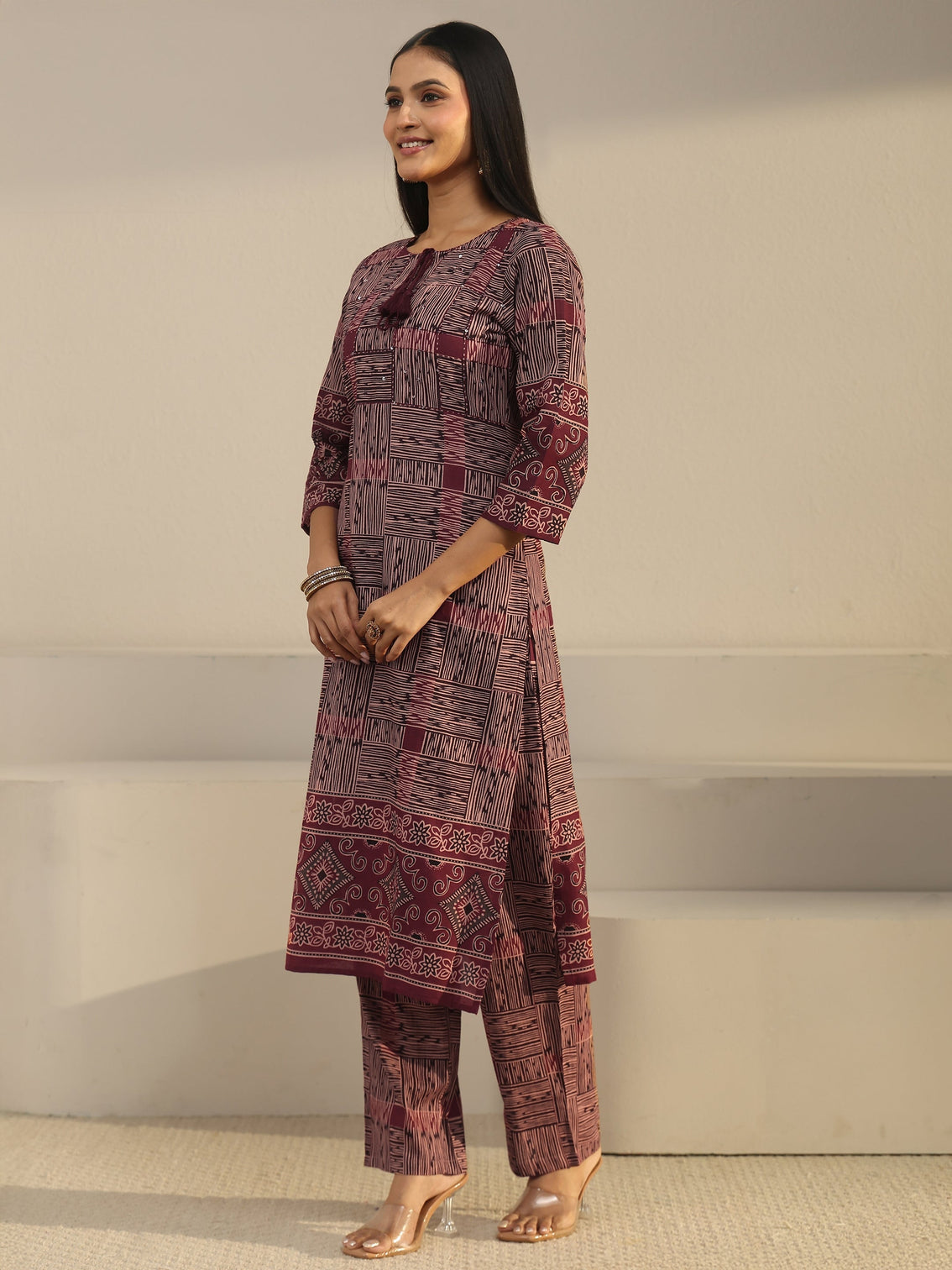 Mameraa Rust Brown Ajrakh Printed Cotton Straight Suit Set