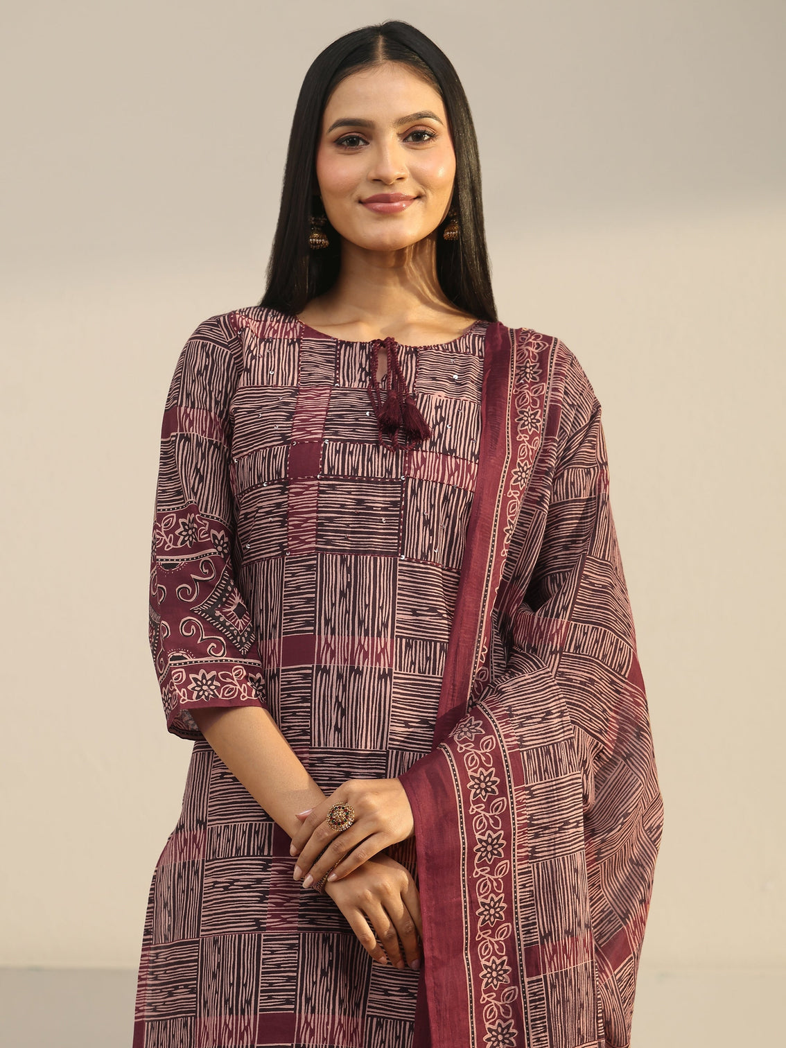 Mameraa Rust Brown Ajrakh Printed Cotton Straight Suit Set