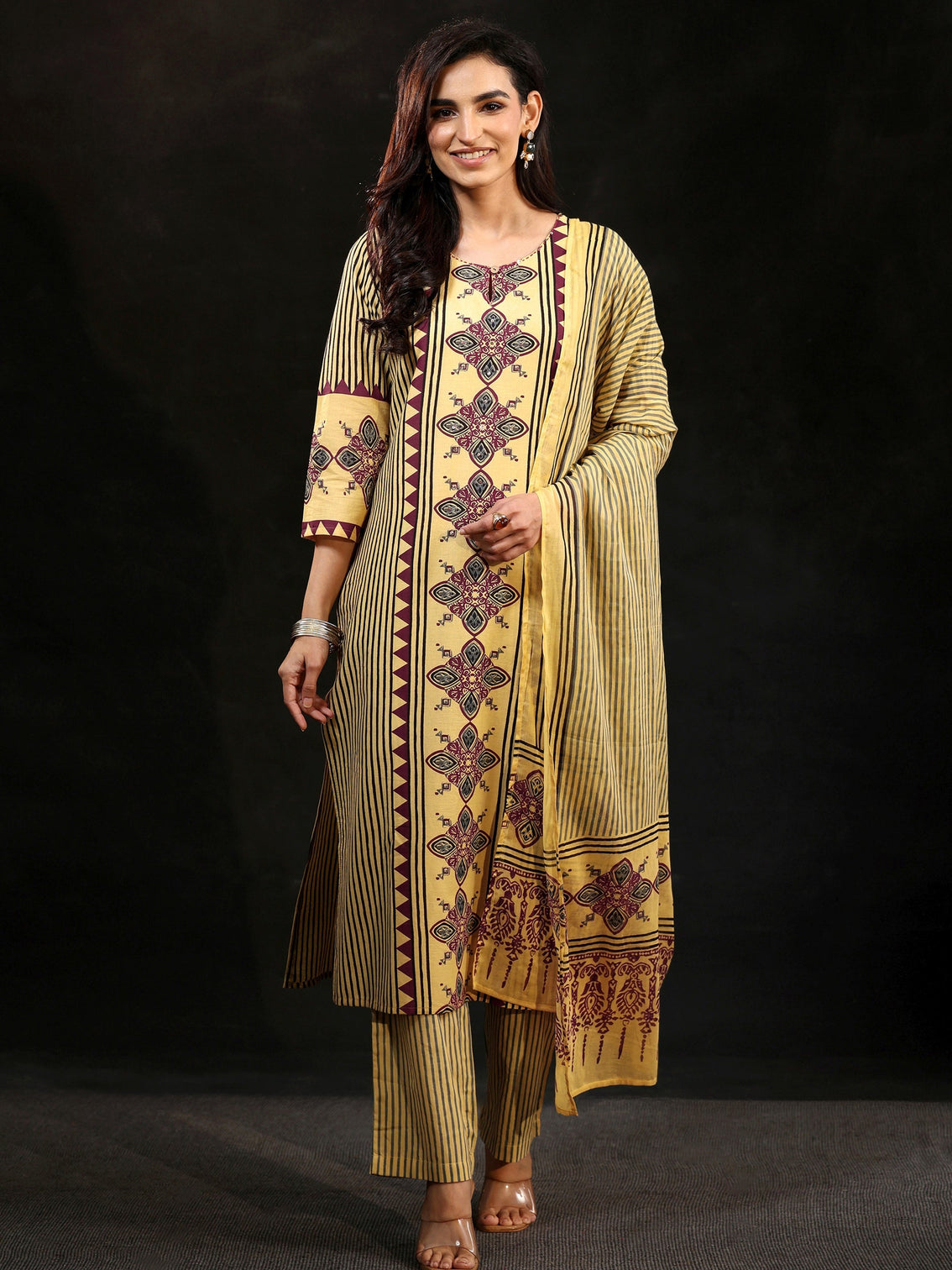 Mameraa Yellow Ajrakh Printed Cotton Straight Suit Set