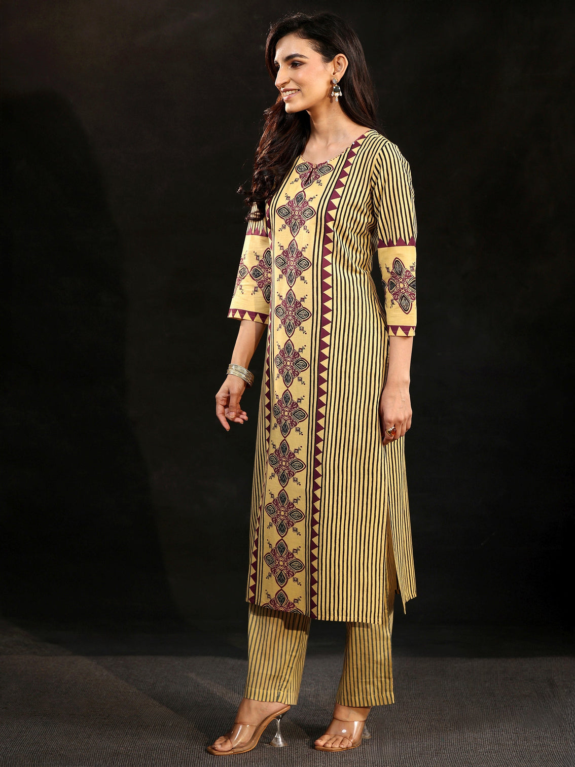 Mameraa Yellow Ajrakh Printed Cotton Straight Suit Set