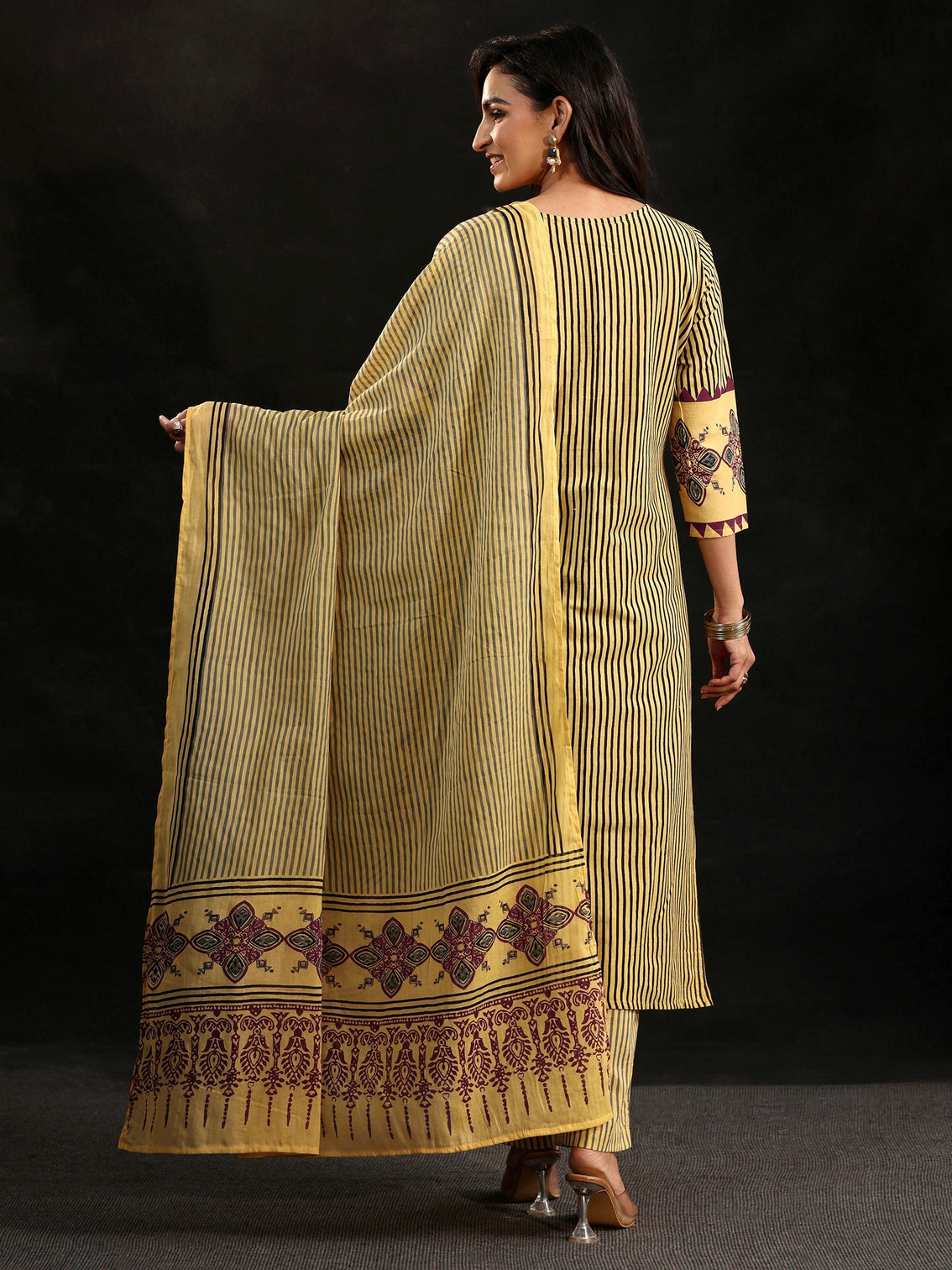 Mameraa Yellow Ajrakh Printed Cotton Straight Suit Set