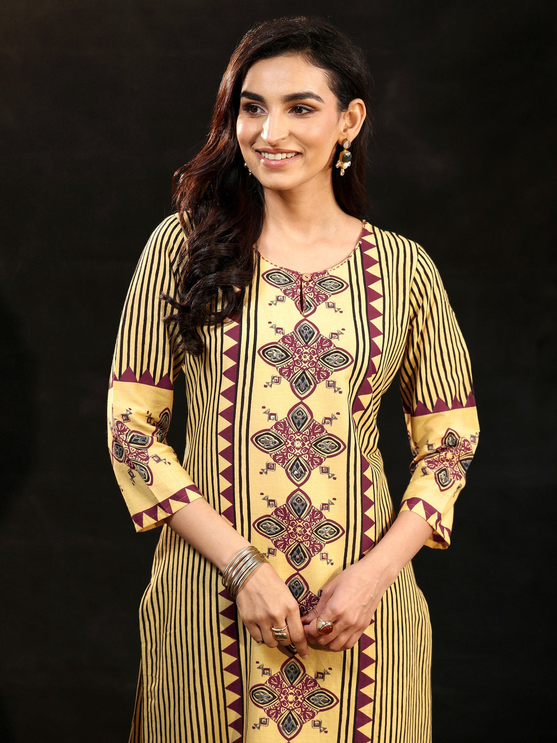 Mameraa Yellow Ajrakh Printed Cotton Straight Suit Set