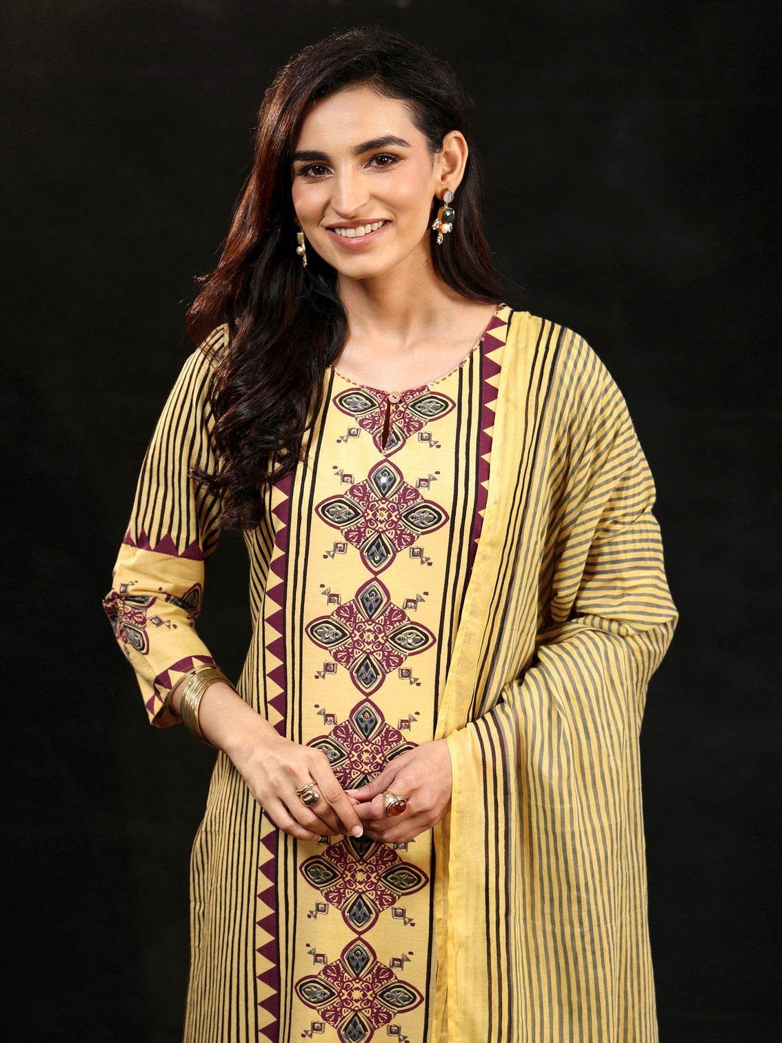 Mameraa Yellow Ajrakh Printed Cotton Straight Suit Set