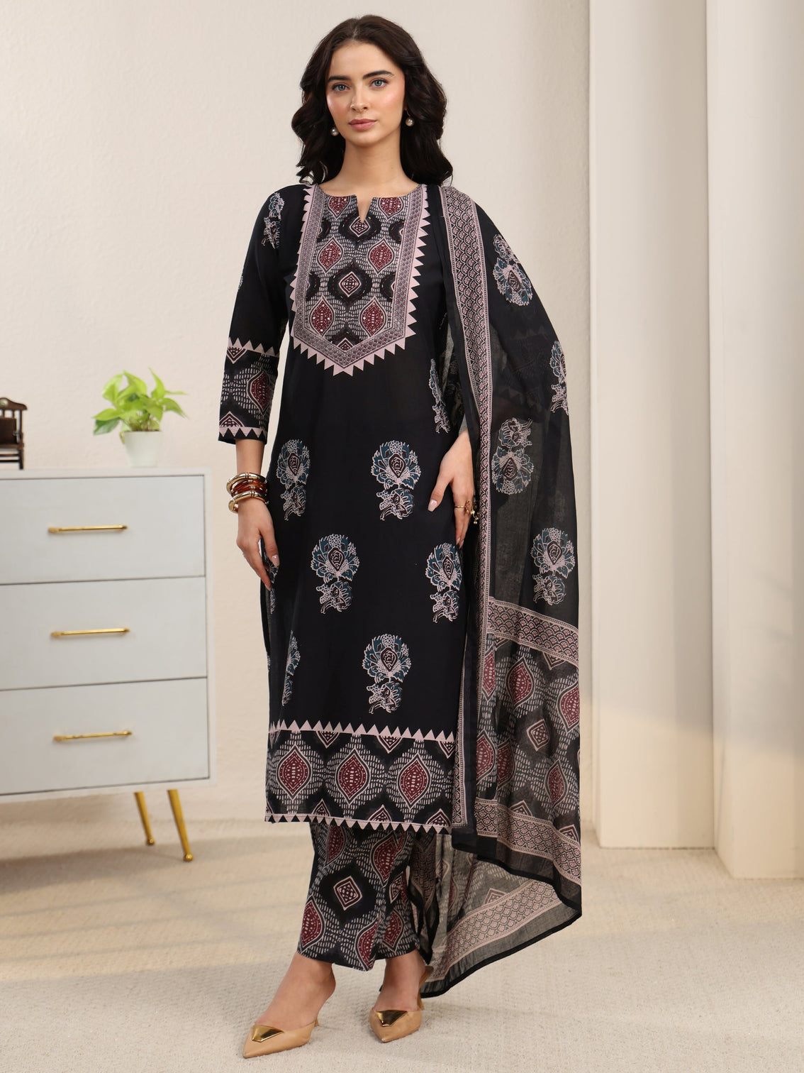 Mameraa Black Ajrakh Cotton Straight Suit Set