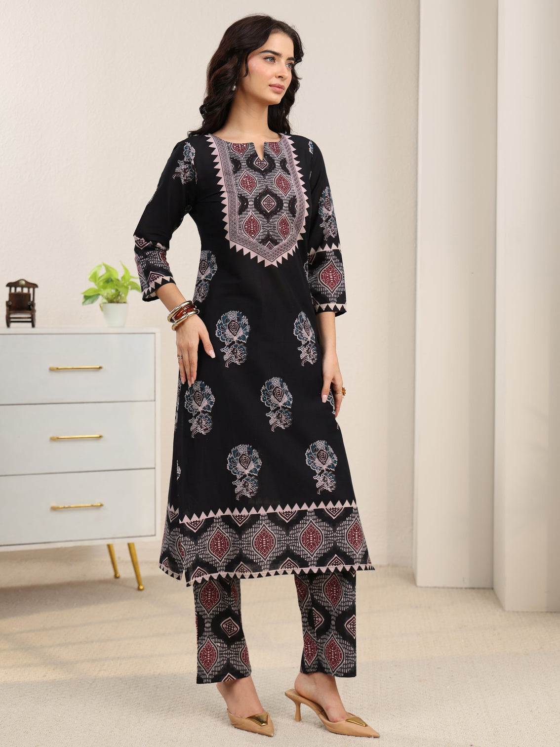 Mameraa Black Ajrakh Cotton Straight Suit Set