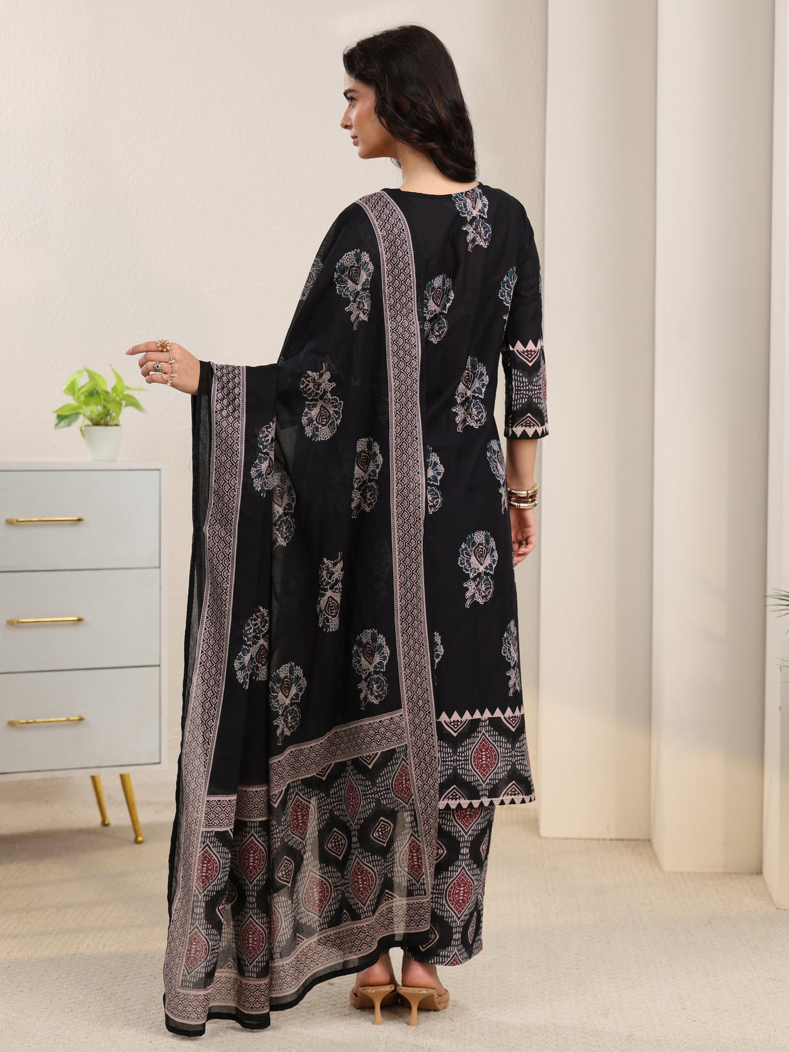 Mameraa Black Ajrakh Cotton Straight Suit Set
