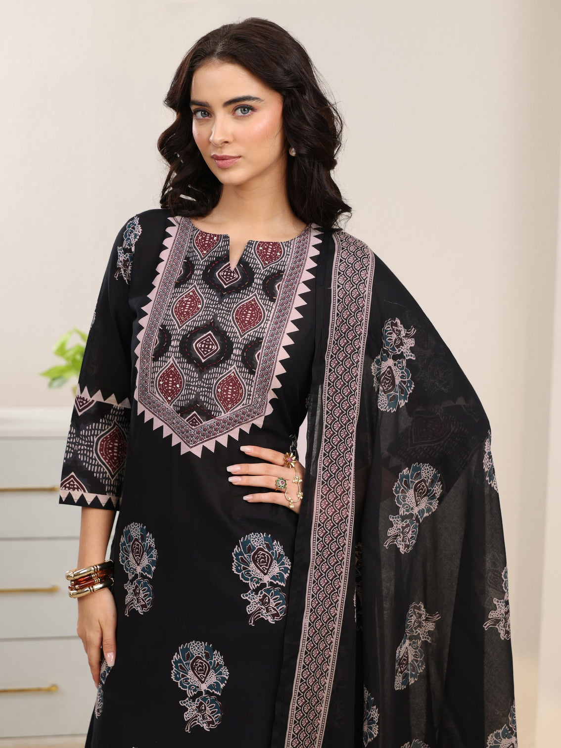 Mameraa Black Ajrakh Cotton Straight Suit Set