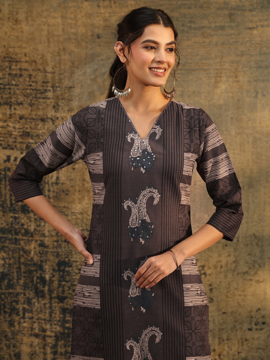 Mameraa Grey Ajrakh Printed Cotton Straight Suit Set