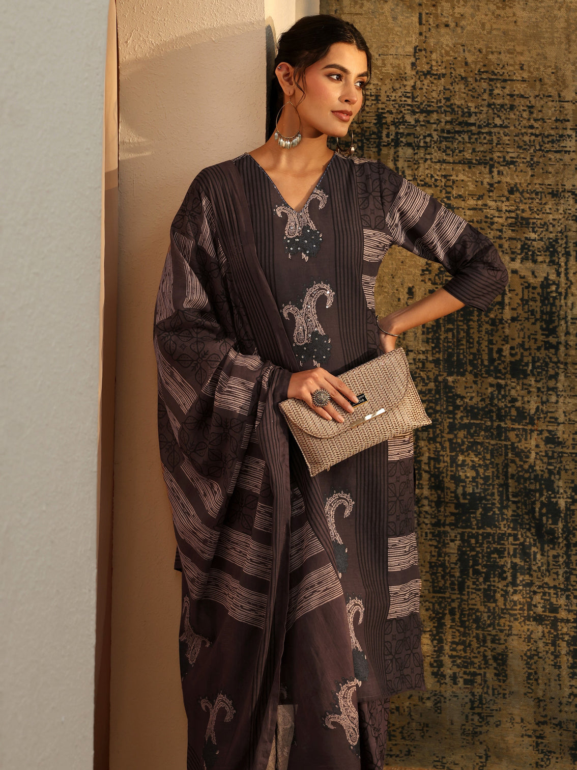 Mameraa Grey Ajrakh Printed Cotton Straight Suit Set