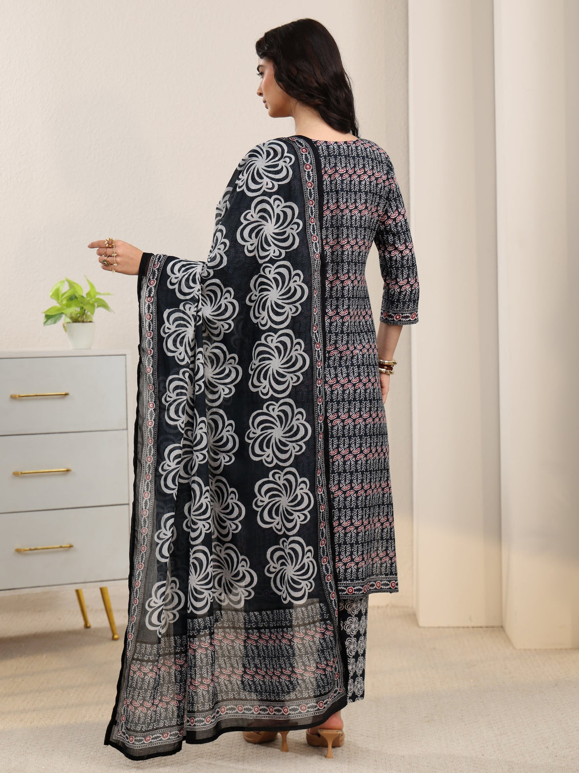Mameraa Dark Grey Dabu Print Cotton Straight Suit Set