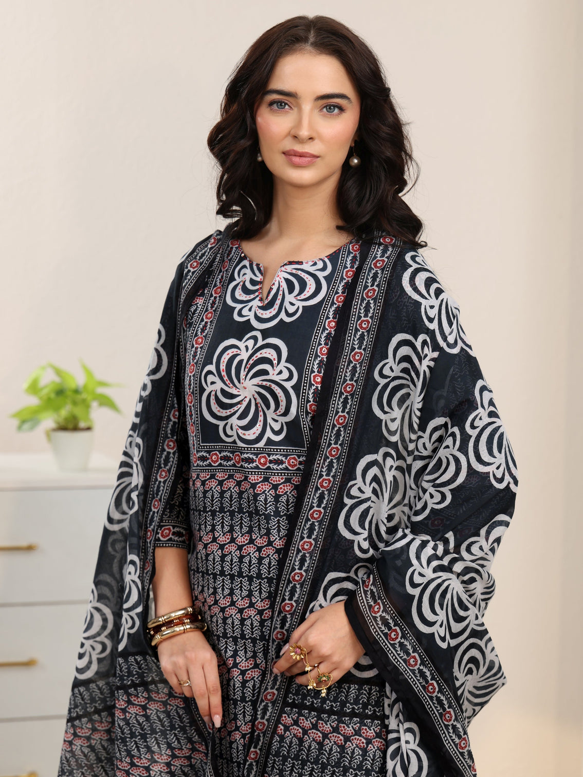 Mameraa Dark Grey Dabu Print Cotton Straight Suit Set