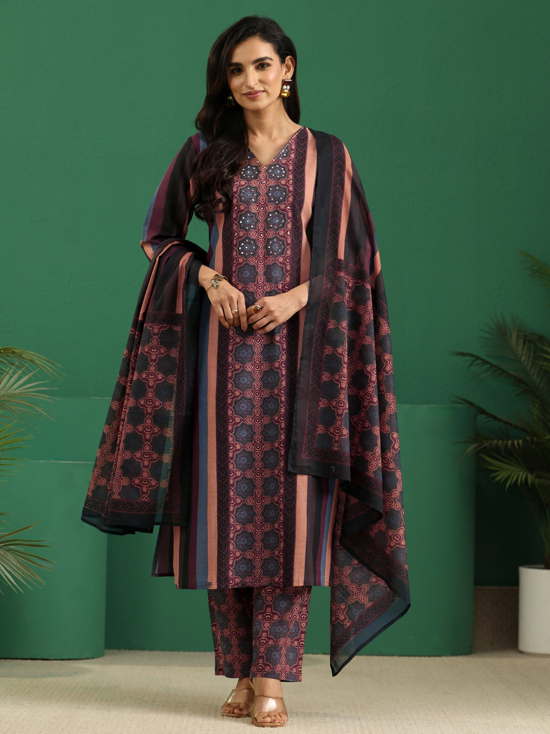 Mameraa Multi Colour Ajrakh Cotton Straight Suit Set